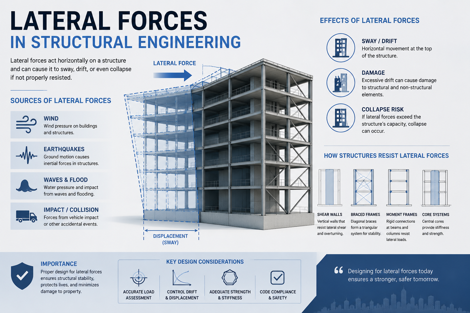 Diagram explaining lateral forces in structural engineering, showing sources such as wind, earthquakes, waves, and impacts, and how structures resist these forces with shear walls, braced frames, moment frames, and core systems.