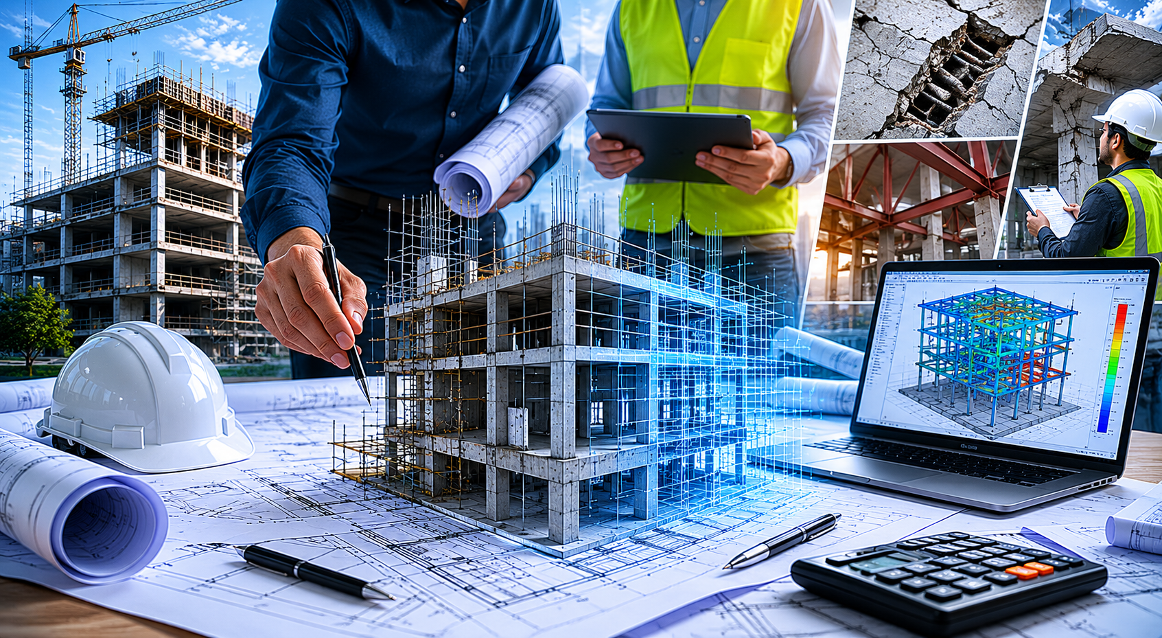 Construction site with workers reviewing blueprints, a computer displaying a 3D building model, and a partially built structure in the background. Safety helmets and tools are visible on the table.