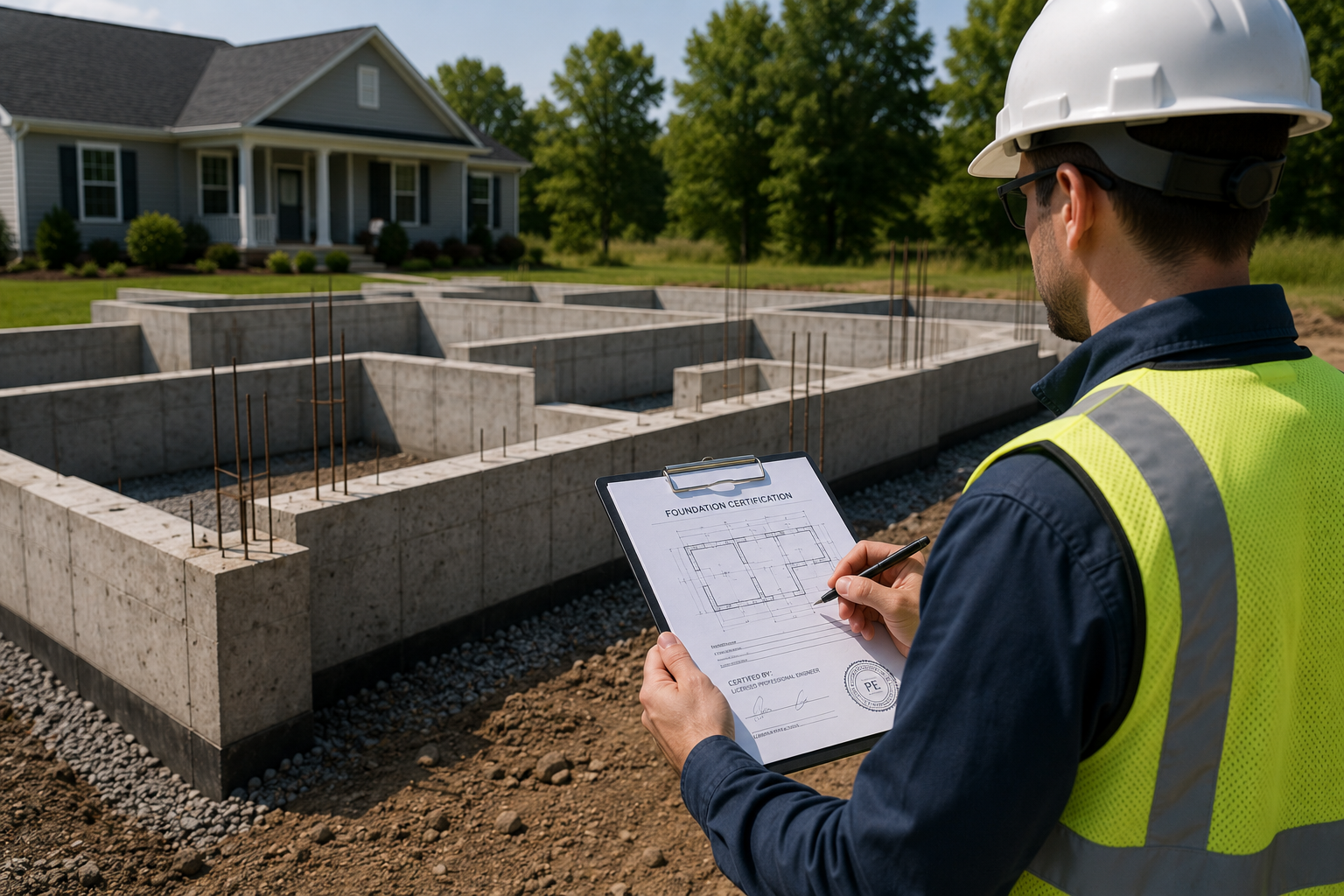 Construction worker wearing a safety helmet and vest reviewing foundation plans at a residential building site with a house in the background.