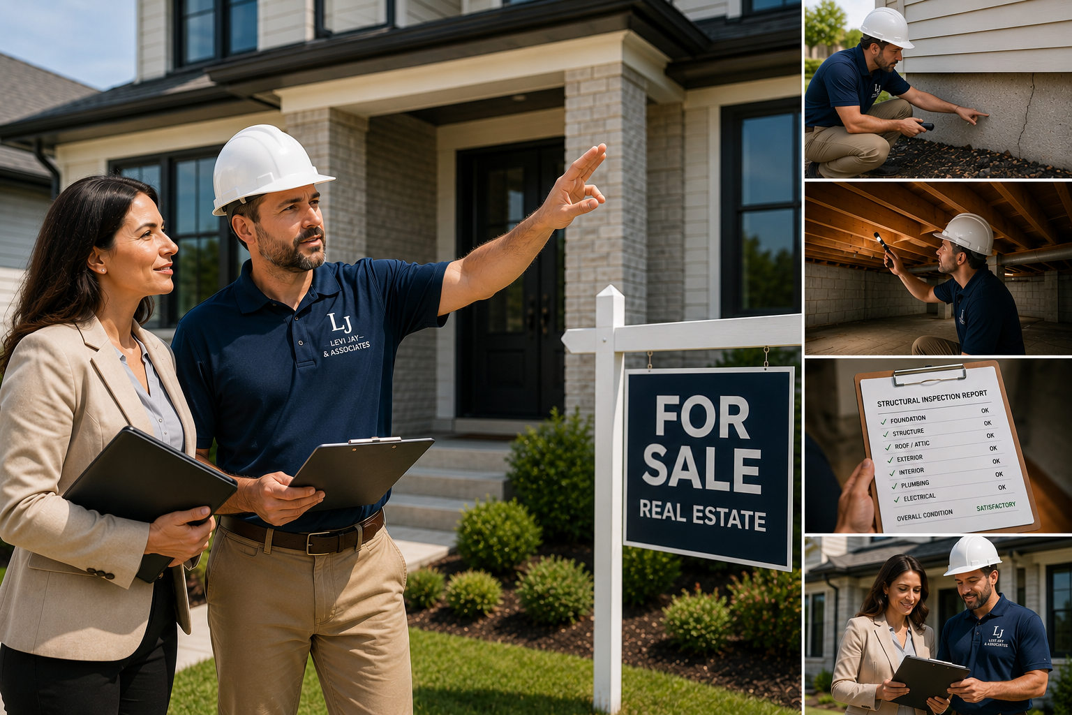 Real estate agent and inspector discussing a property for sale outside a modern house. The inspector is pointing at the house while the agent holds a clipboard. Smaller images show the inspector examining the house's foundation and interior, and reviewing a report with checkmarks on construction aspects.