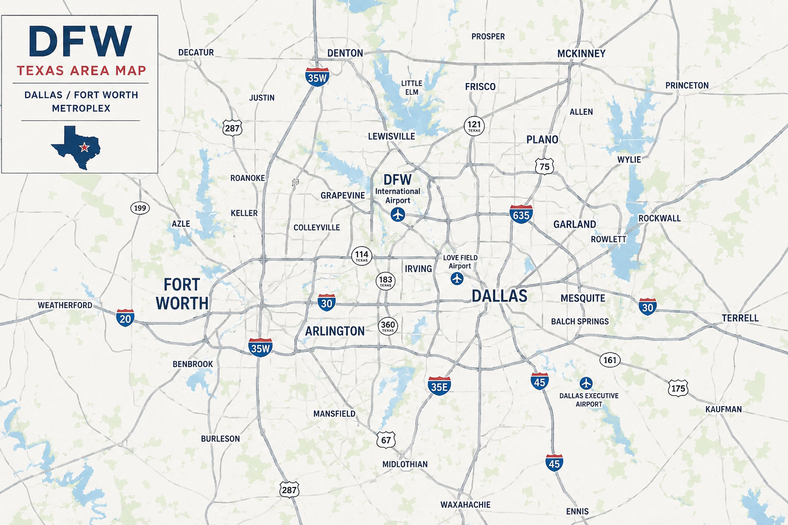 Map of Dallas-Fort Worth area in Texas showing city names and highways, with icons for airports and a Texas map inset.