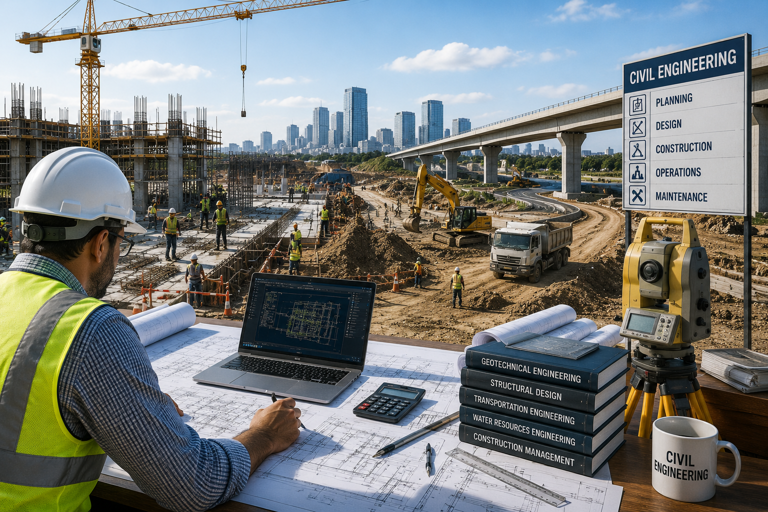 Civil engineer working at a construction site with skyscrapers in the background, blueprints, and engineering books on the table.