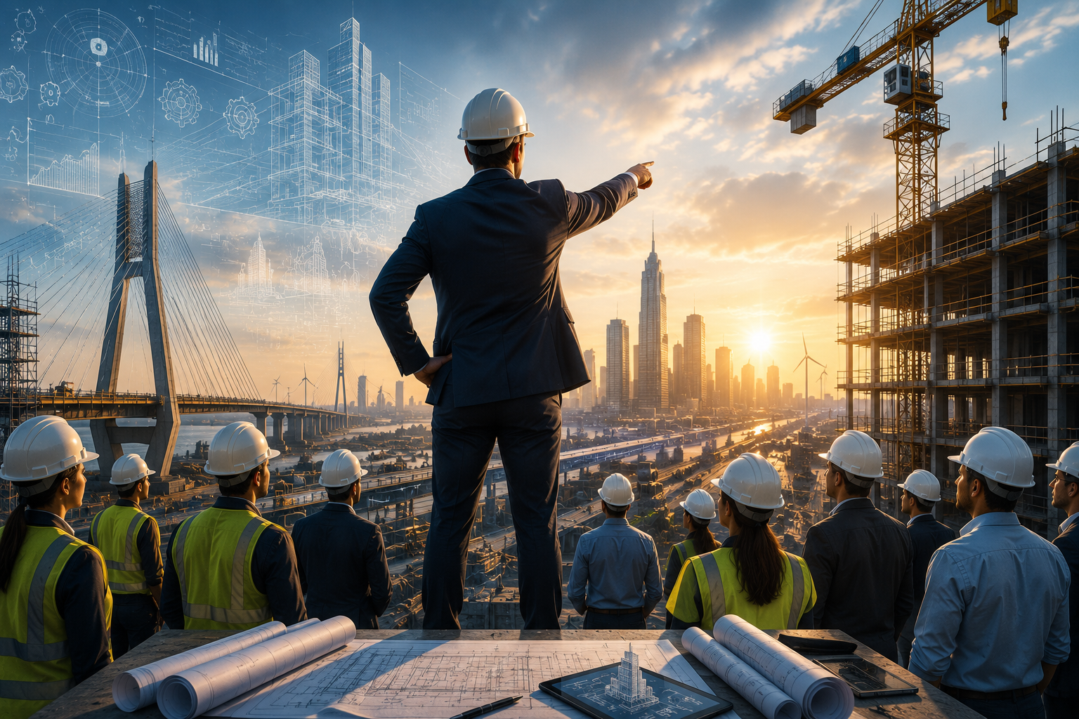Construction team on a building site during sunset, with a city skyline including tall skyscrapers and a bridge in the background.