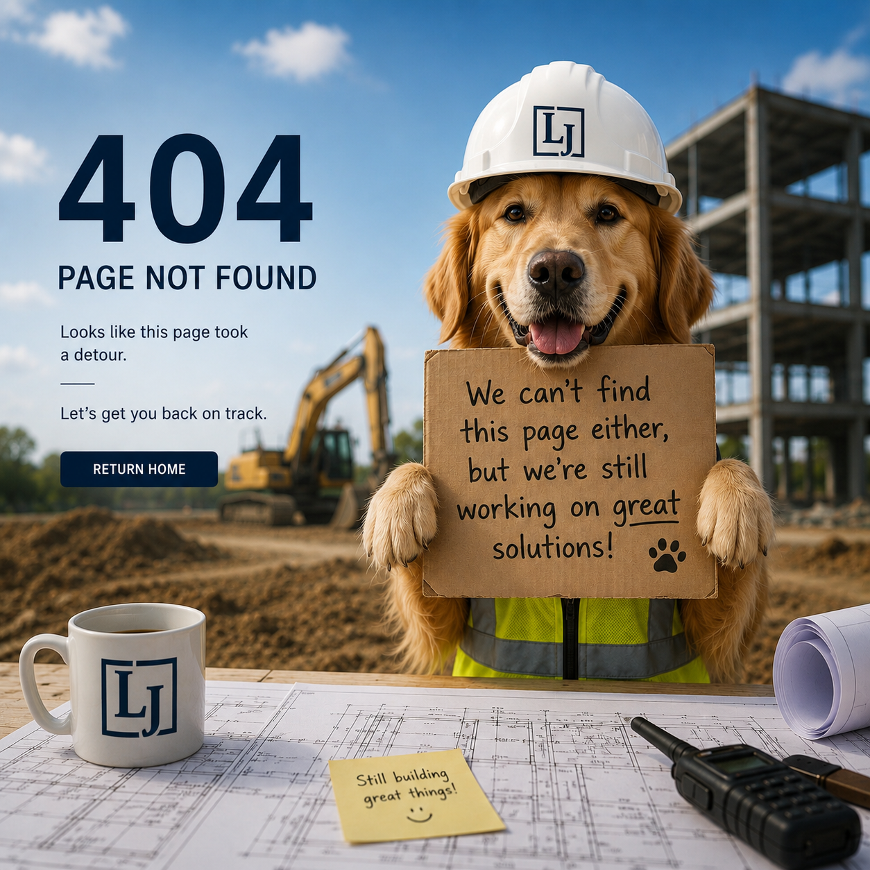 A happy golden retriever wearing a construction helmet and reflective vest, holding a cardboard sign that reads, "We can't find this page either, but we're still working on great solutions!" At a construction site with cranes and unfinished buildings, there is a table with blueprints, a coffee mug with a logo, a walkie-talkie, and a yellow sticky note that says, "Still building great things!" A nearby construction equipment is in the background, and the sky is partly cloudy.