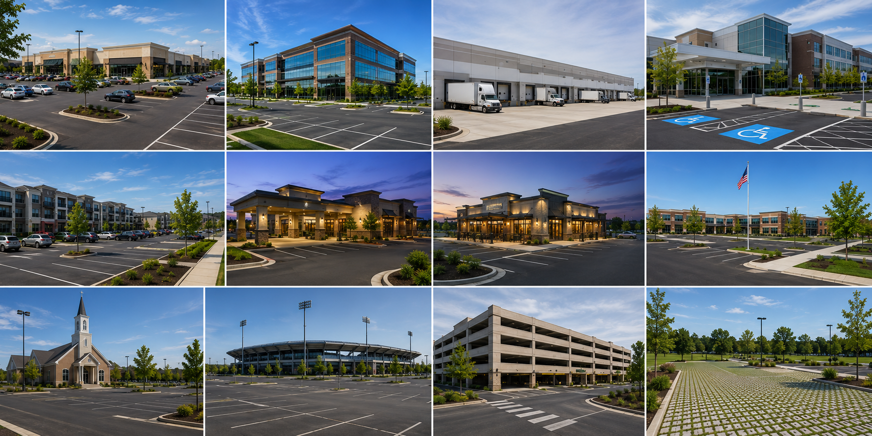 Collage of various commercial buildings, parking lots, and an outdoor stadium, including office buildings, a church, retail stores, a stadium, and a parking garage, taken during daytime and evening with clear skies.