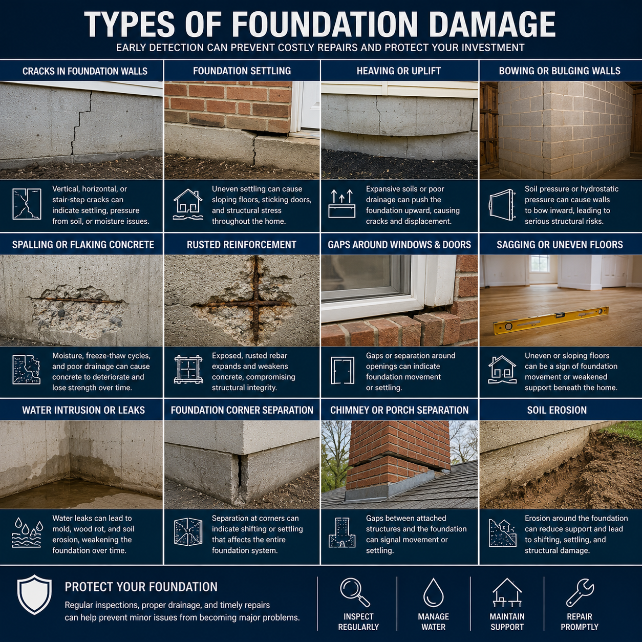 An infographic titled 'Types of Foundation Damage' showing 12 common types with descriptions, including cracks in foundation walls, foundation settling, heaving/support, bowing or bulging walls, spalling concrete, rusted reinforcement, gaps around windows, sagging floors, water leaks, foundation corner separation, chimney or porch separation, and soil erosion. It also emphasizes the importance of inspection, water management, maintenance, and prompt repairs.
