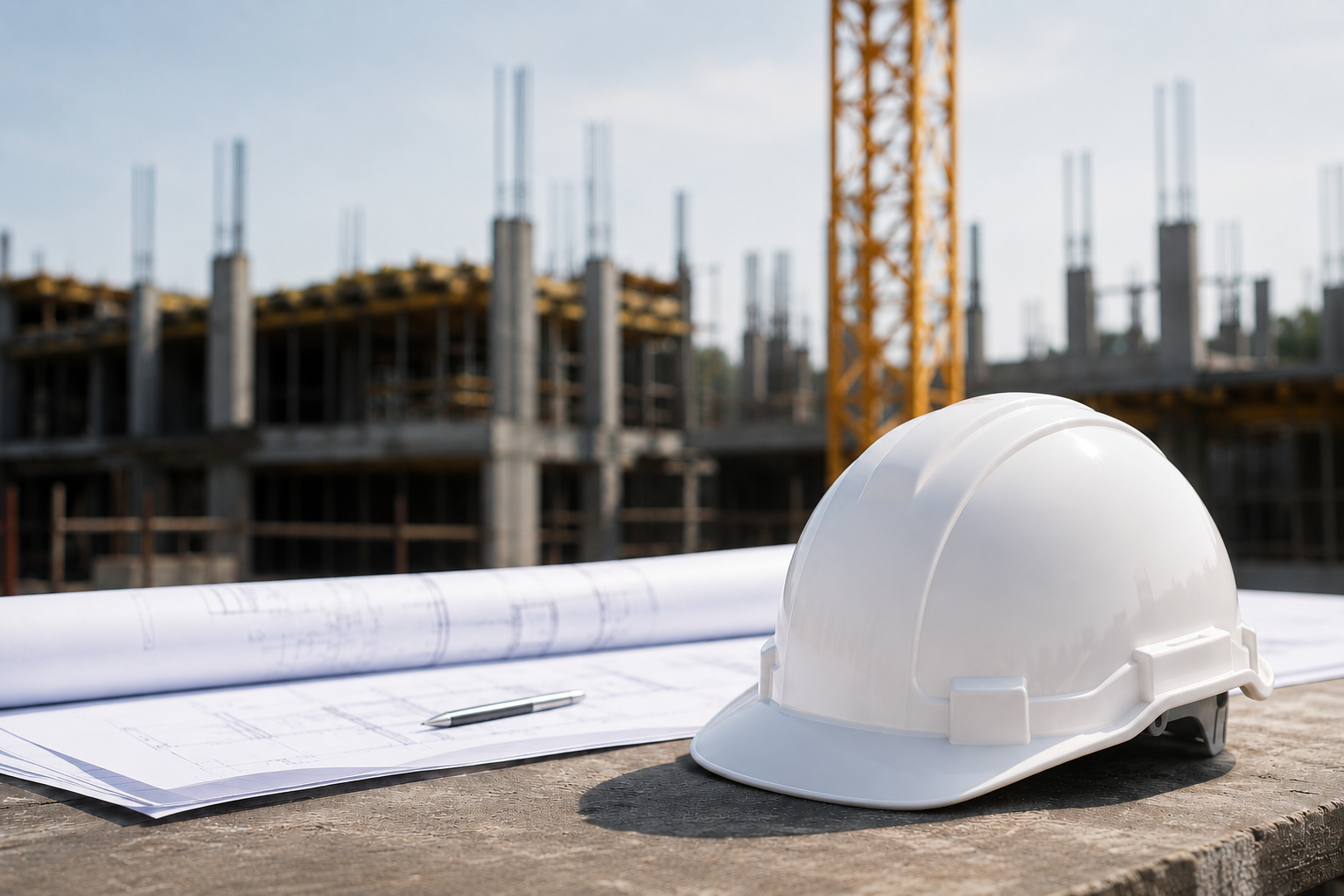 Construction site with a white hard hat, blueprint, and pen on a wooden surface in the foreground, and a partially built building with scaffolding and a yellow tower crane in the background.