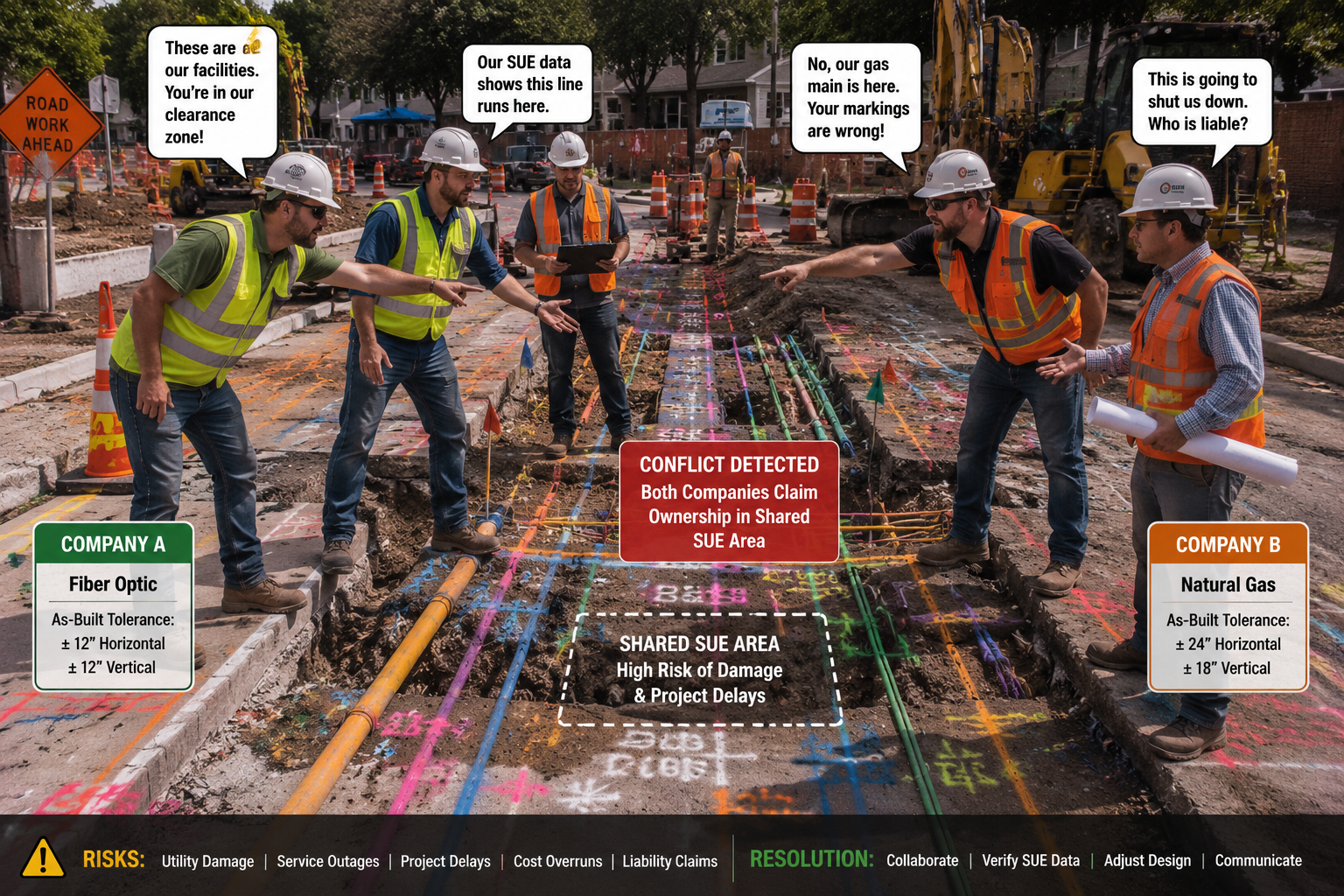 A construction site where workers are inspecting underground utility lines. The scene includes colorful markings on the ground indicating different types of pipes from two companies, fiber optic and natural gas. Several workers are engaged in a discussion, with speech bubbles indicating claims of ownership and data from shared underground utility area. There are construction equipment and traffic cones in the background, along with safety signage and a warning about risks like utility damage and project delays.