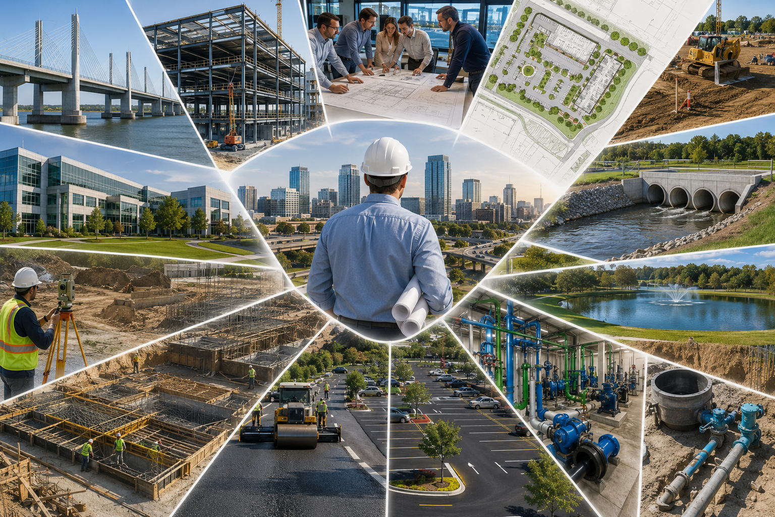 A collage illustrating various civil engineering projects, including construction sites, architectural planning, cityscape, land development, infrastructure, and water management.
