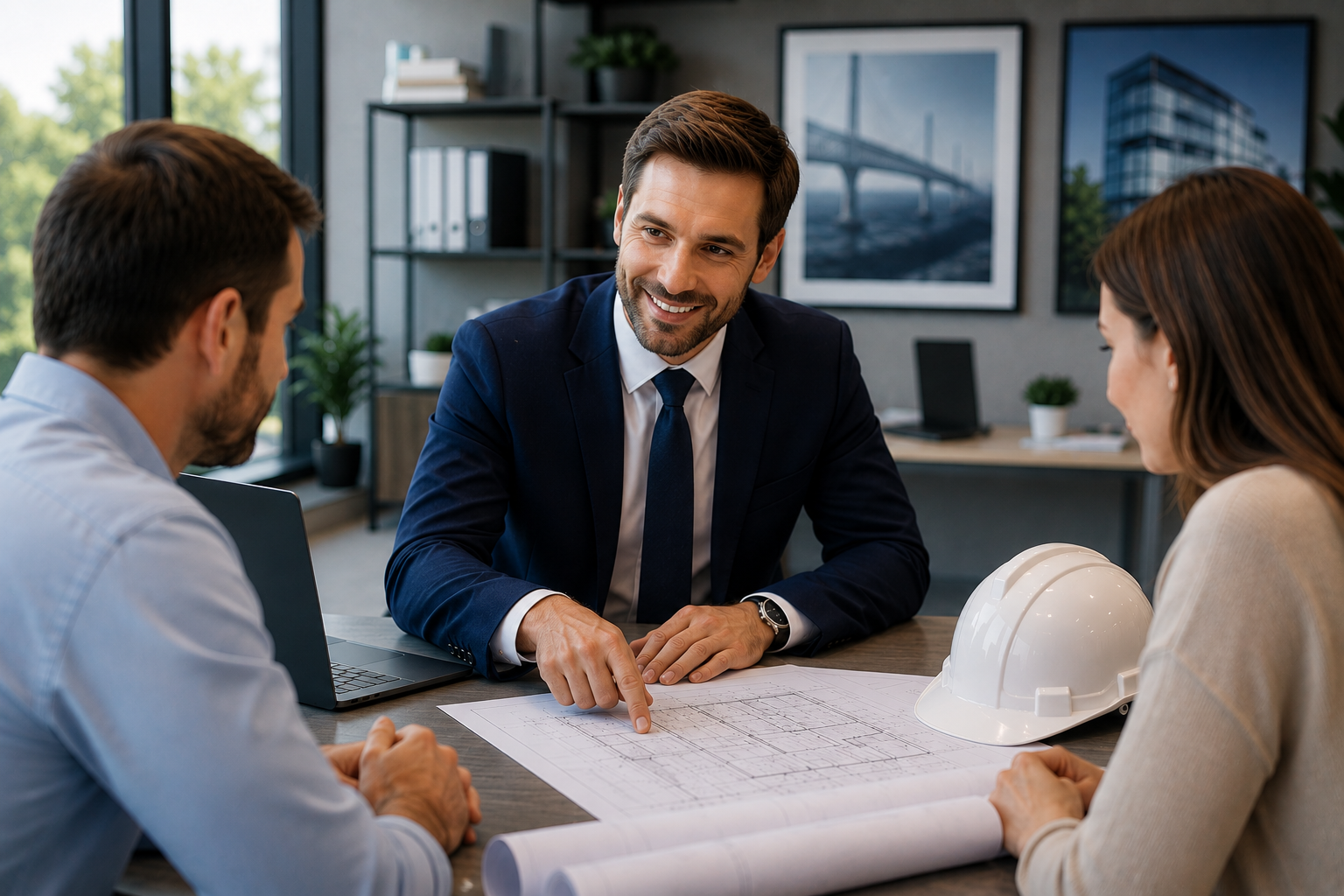Business meeting with three professionals discussing architectural plans, with a blueprints on the table and two of them wearing formal attire, in an office setting with large windows, framed pictures, and a laptop