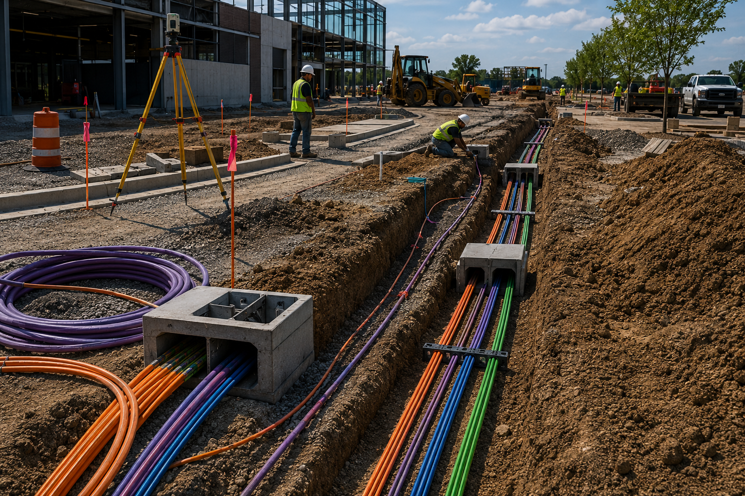 Construction workers installing colorful electrical conduits in a trench at a construction site with building framework, machinery, and parked vehicles in the background.