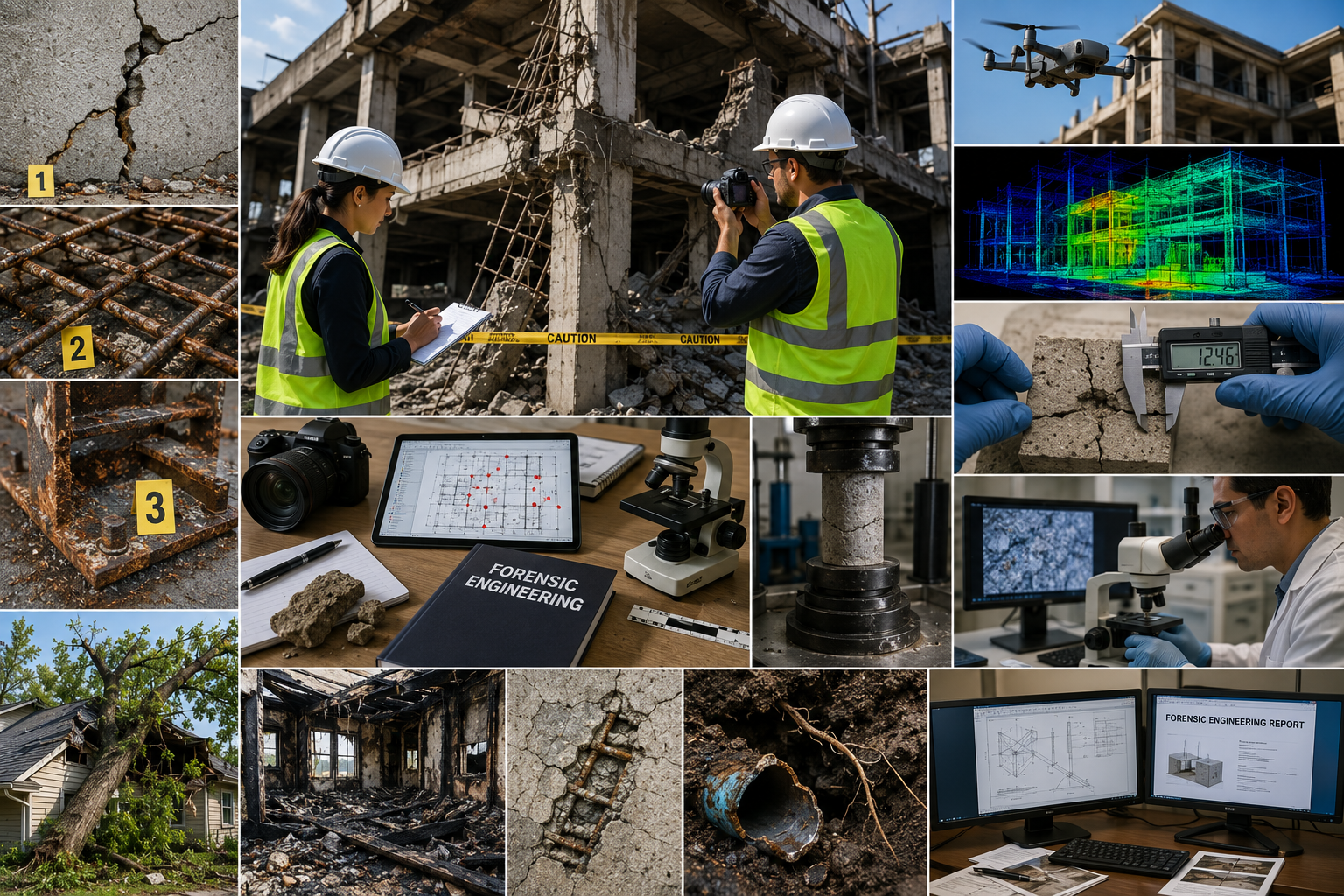 A collage of images related to structural engineering, building damage, and forensic investigation. Includes construction sites, damaged buildings, forensic tools, and professionals analyzing data.