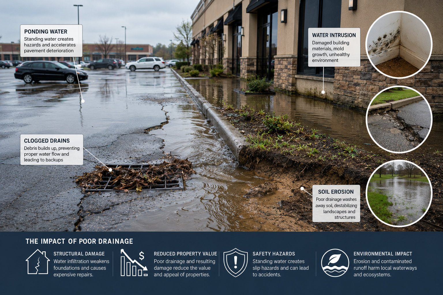 Parking lot with water pooling on the pavement and along the curb, showing water intrusion on the building wall and soil erosion along the sidewalk. An inset shows mold in a corner, with clogged drains collecting debris, and standing water in a park, illustrating the impacts of poor drainage.