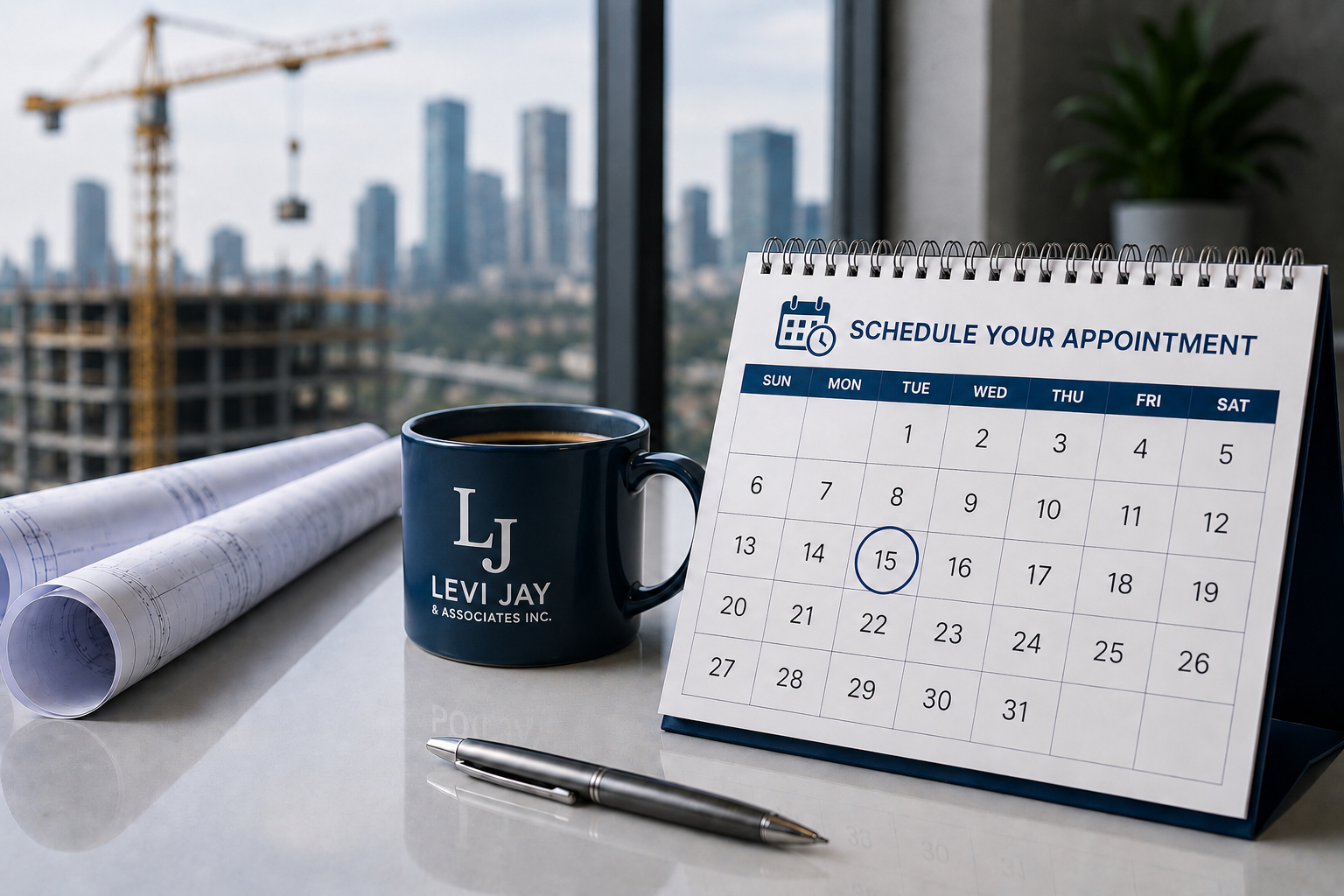 An office desk with a calendar, a coffee mug, blueprints, and a pen, with a city skyline and construction crane visible through a window.
