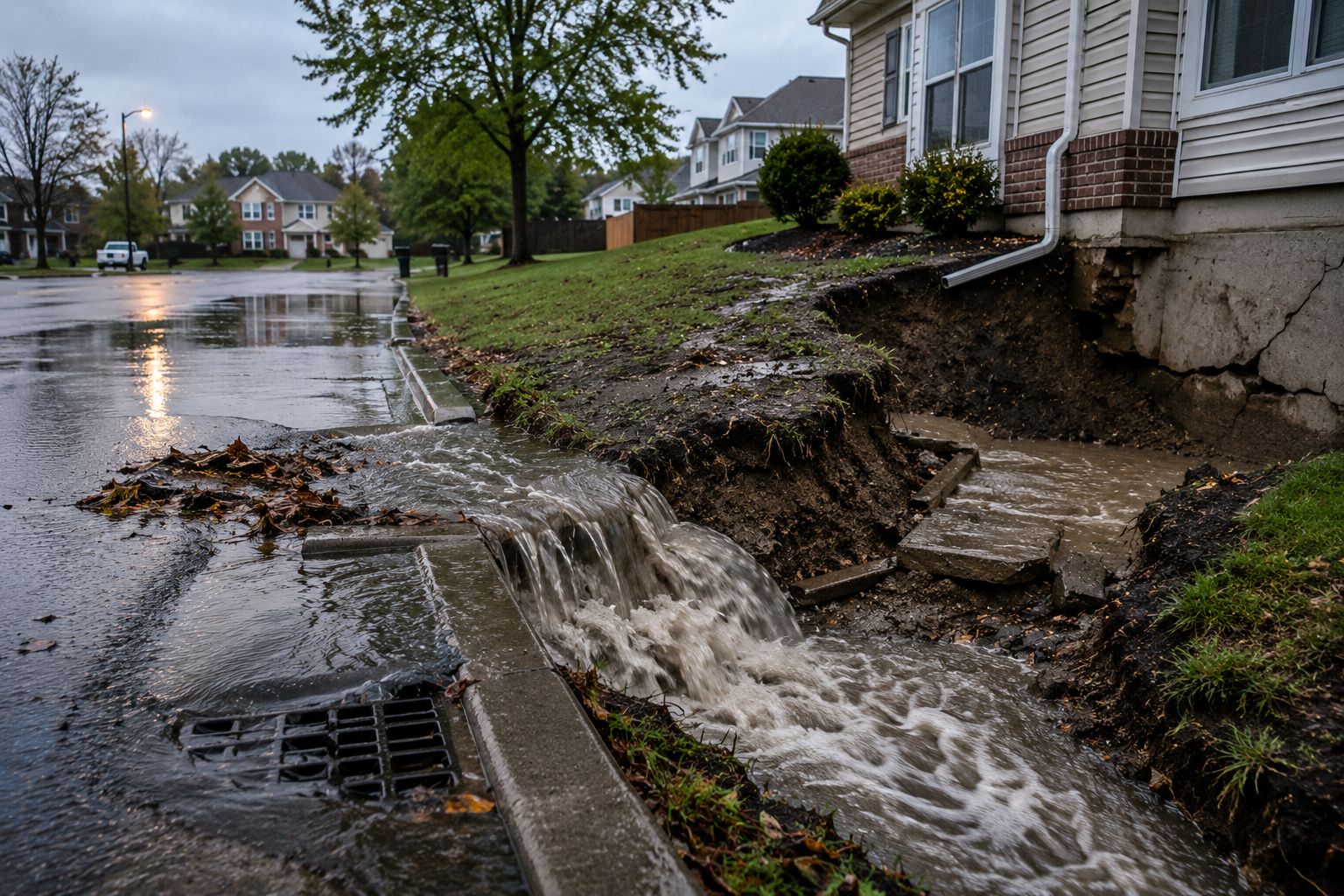 A residential neighborhood with a street and houses showing flooding and water runoff from a broken or damaged storm drain, with muddy water flowing through a large hole in the ground near the house.