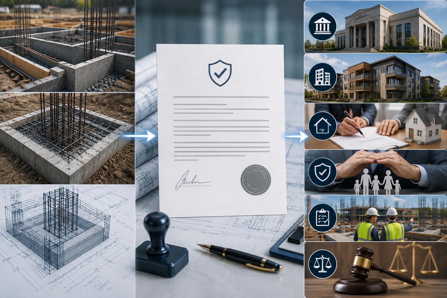 Construction site with concrete foundation and rebar, blueprint plans, a signed contract, and images of various buildings, homeowners, construction workers, and legal symbols.