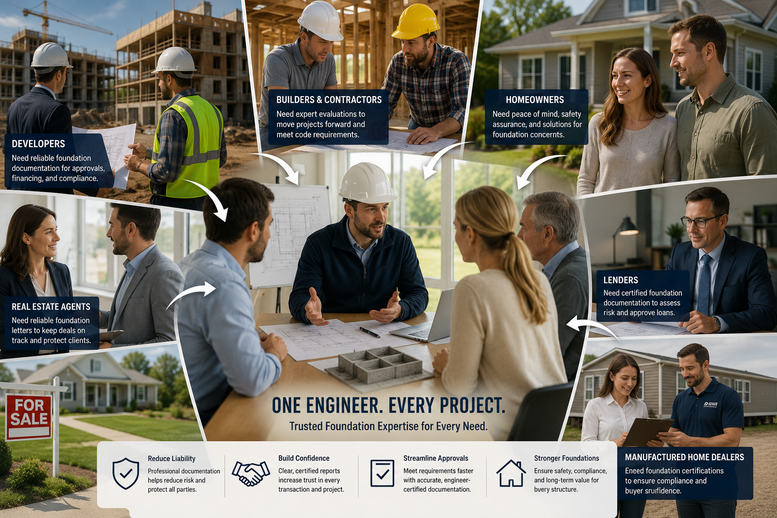 A collage showing various stages of home construction, meetings with homeowners, and professionals like engineers, real estate agents, lenders, and home dealers, emphasizing foundation expertise, project approval, and client trust.