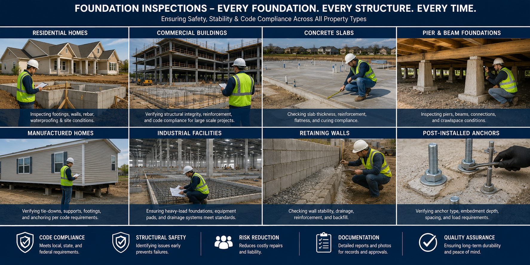 Infographic showing various stages of foundation inspection for different property types, including residential homes, commercial buildings, concrete slabs, pier and beam foundations, manufactured homes, industrial facilities, retaining walls, and post-installed anchors, with descriptions of each inspection type.