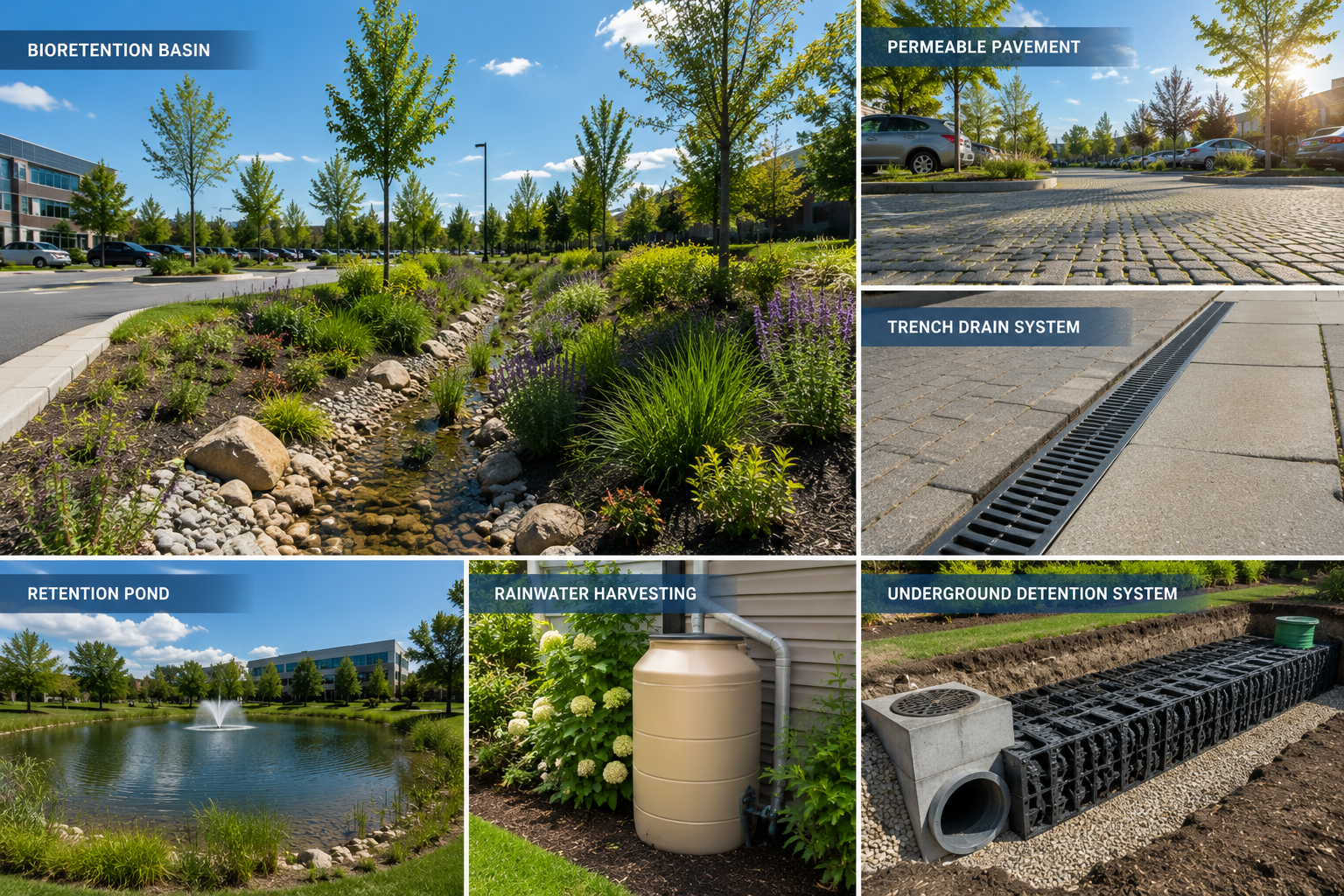 A park with environmentally friendly landscaping features including a bioretention basin, permeable pavement, trench drain system, retention pond, rainwater harvesting system, and underground detention system.