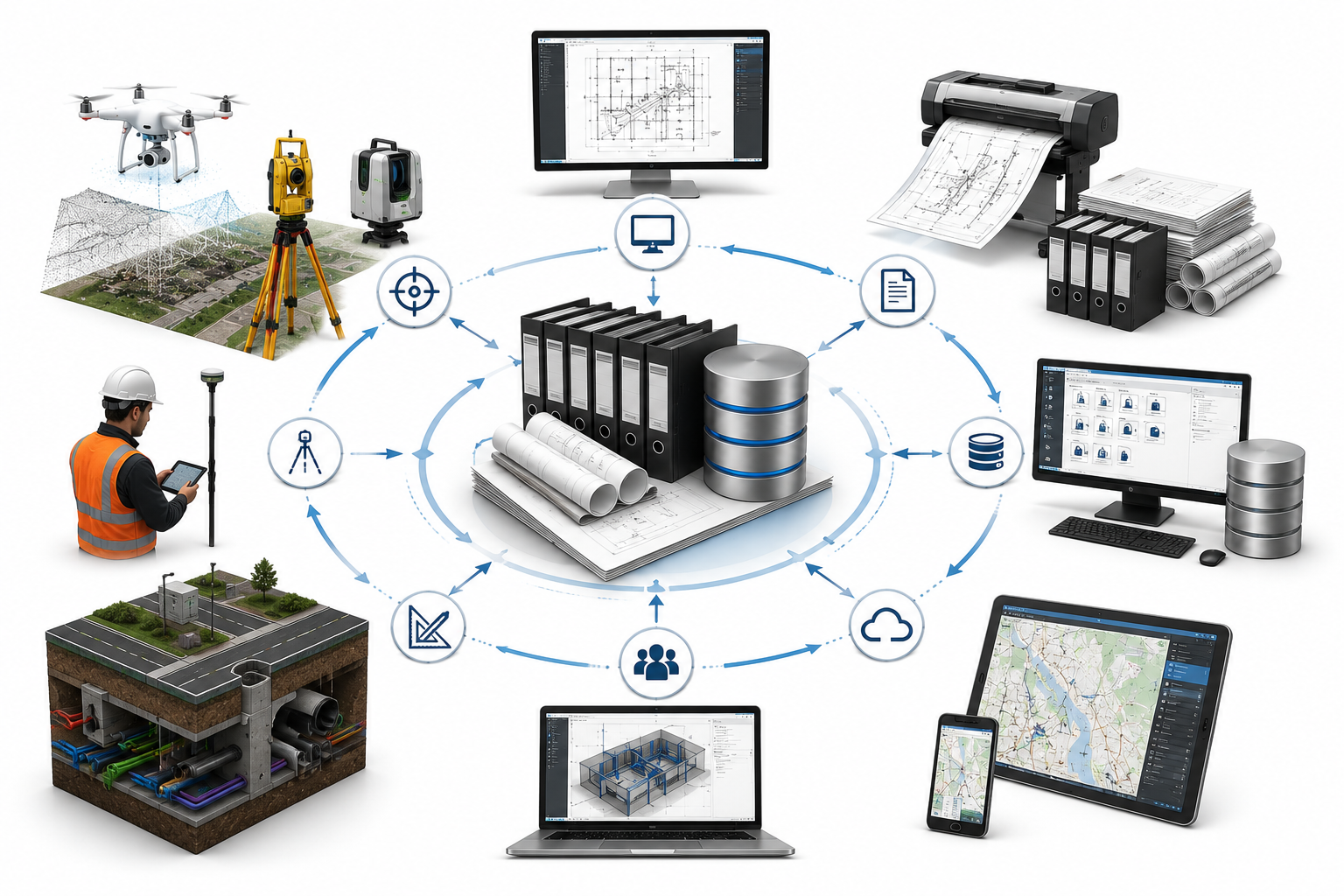 Diagram showing the process of surveying, mapping, and managing construction projects using drones, laser scanners, computers, and software for data analysis, 3D modeling, and cloud storage.