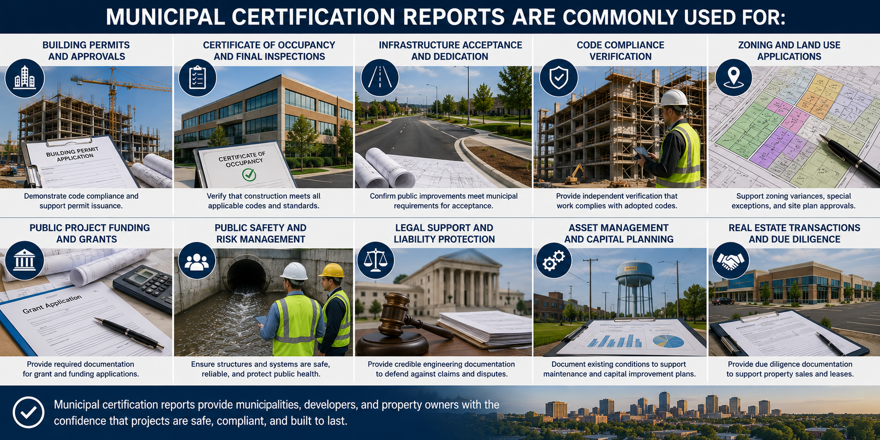 A chart showing how municipal certification reports are used for various aspects of construction and property management, including building permits, occupancy, infrastructure, code compliance, land use, grants, safety, legal support, asset management, and real estate transactions, with accompanying images of construction sites, officials, documents, and cityscapes.