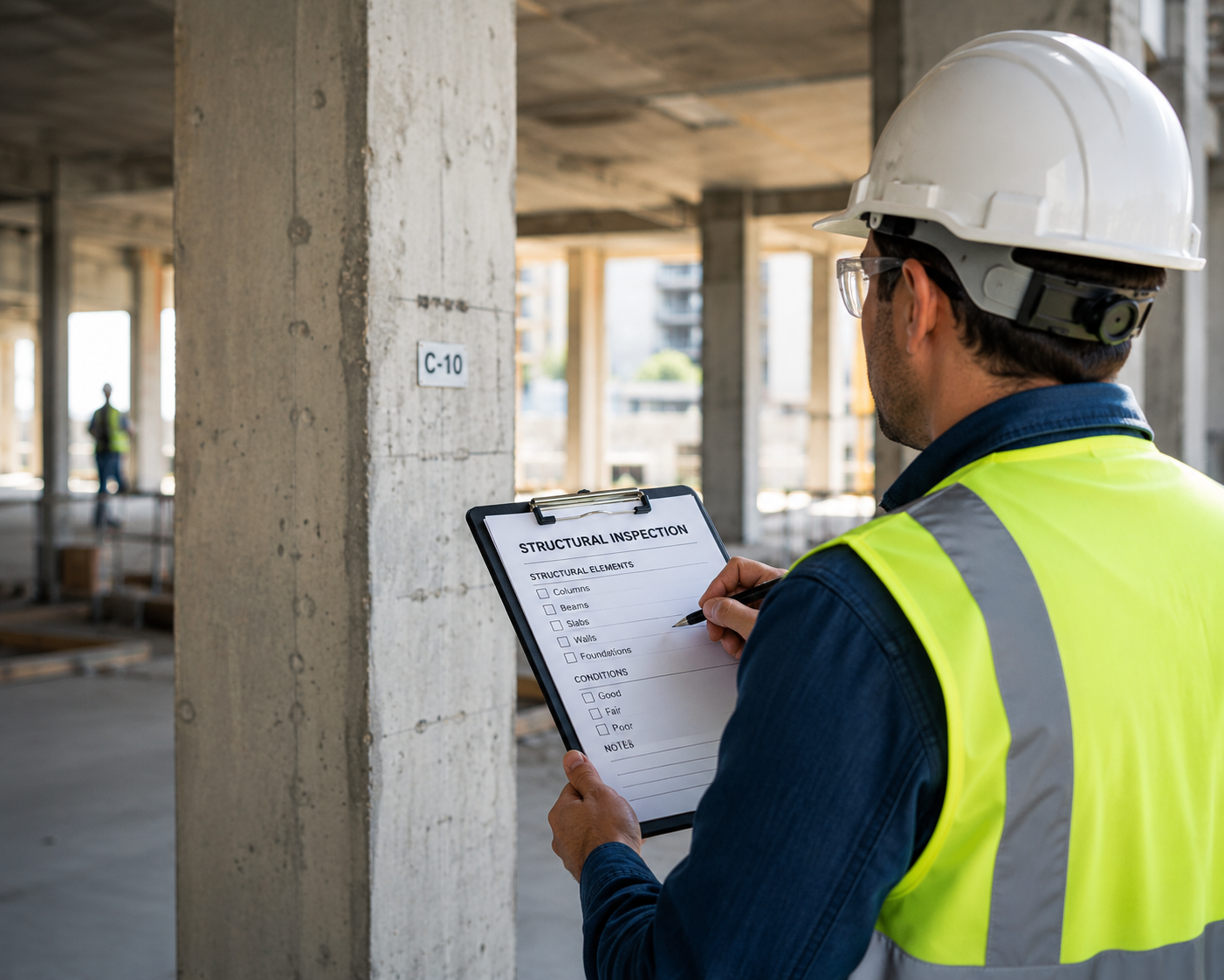 Man wearing a hard hat and high-visibility vest inspecting a building structure, holding a clipboard with a structural inspection checklist on an active construction site.