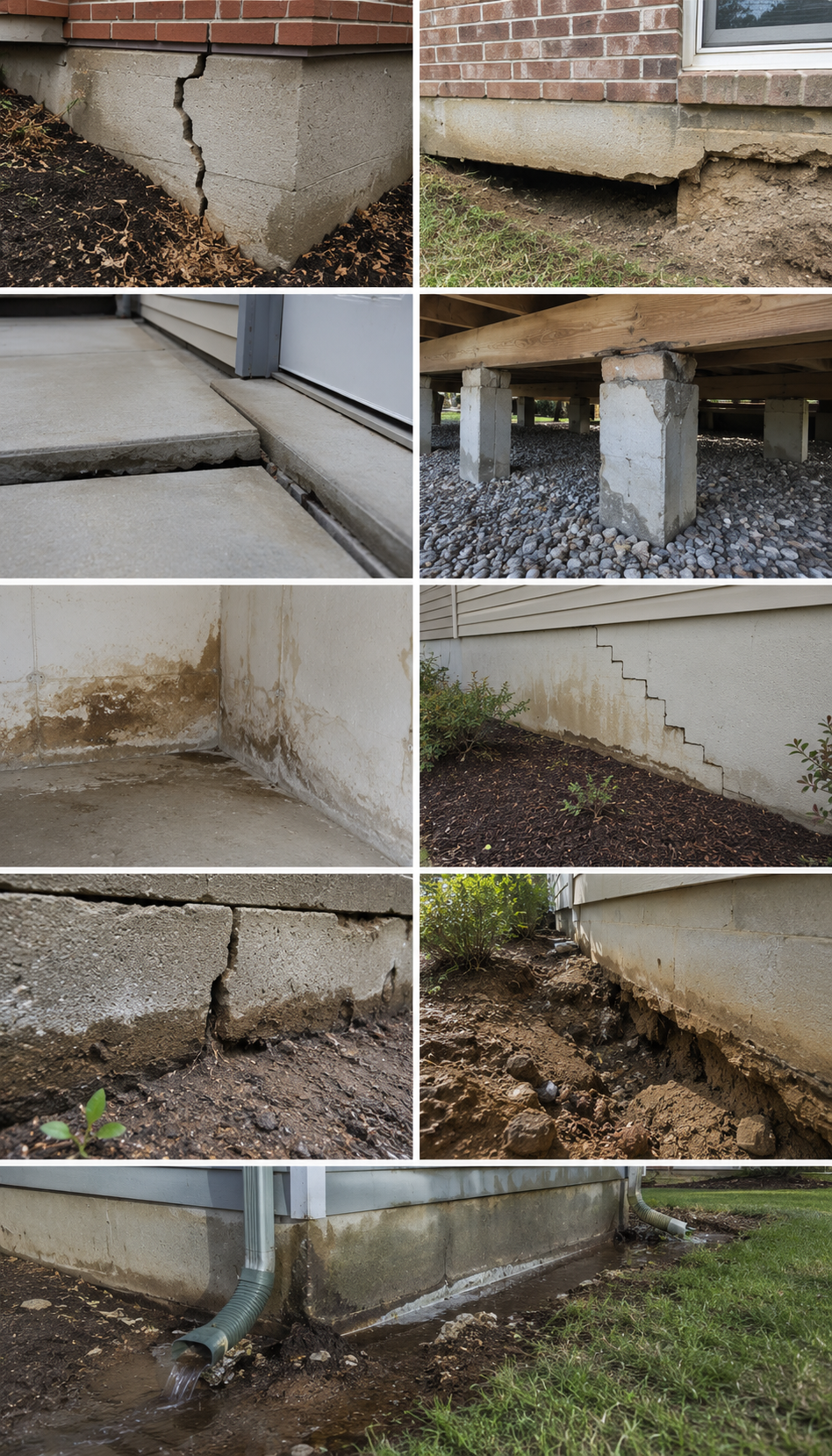 Collage of eight images showing foundation cracks, soil erosion, and water damage around a house's foundation.