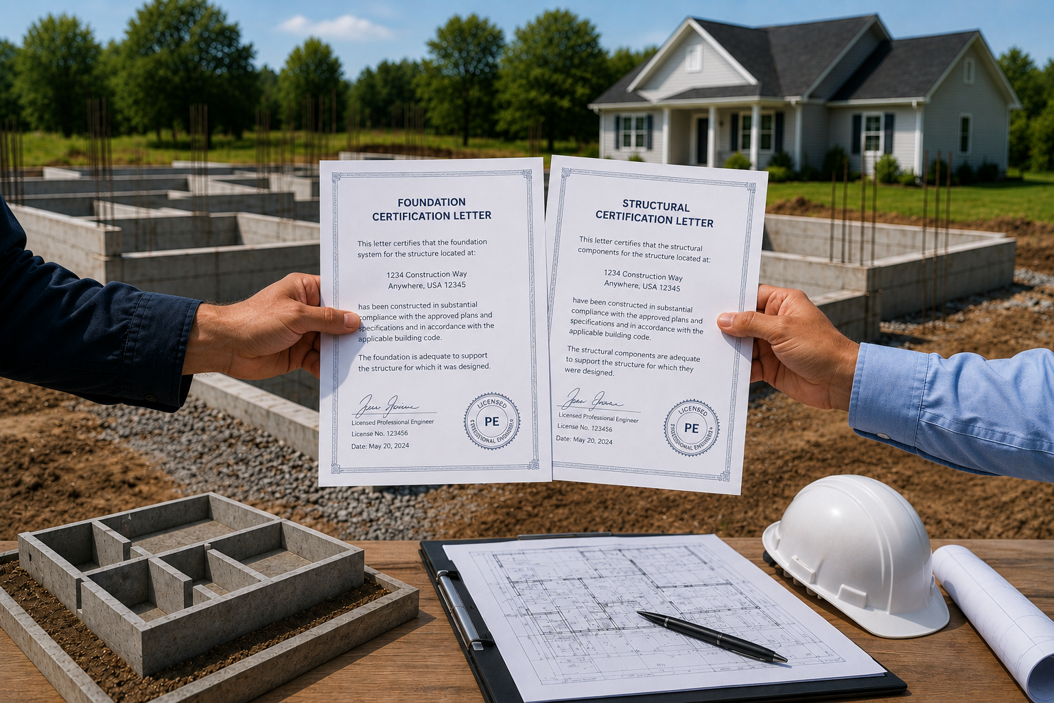 Two people hold construction certification letters at a construction site with a house in the background, a white hard hat, blueprints, and a pen on the table.