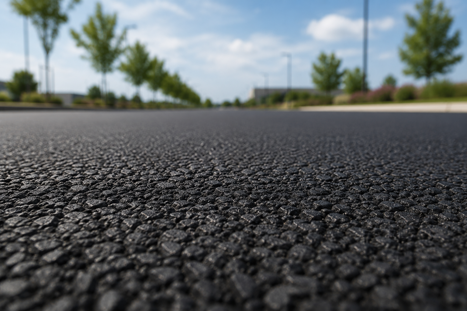 Close-up view of freshly paved asphalt road with a few trees and a partly cloudy sky in the background.
