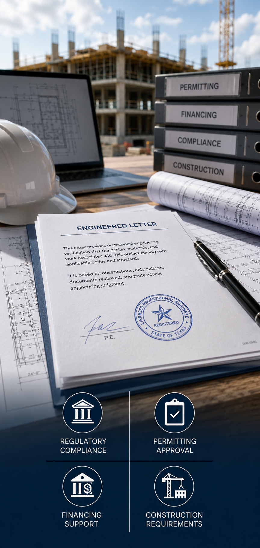 Construction site with building under construction, drafting plans, and engineering documents on a desk, including a hard hat. Overlay icons for regulatory compliance, permitting approval, financing support, and construction requirements.