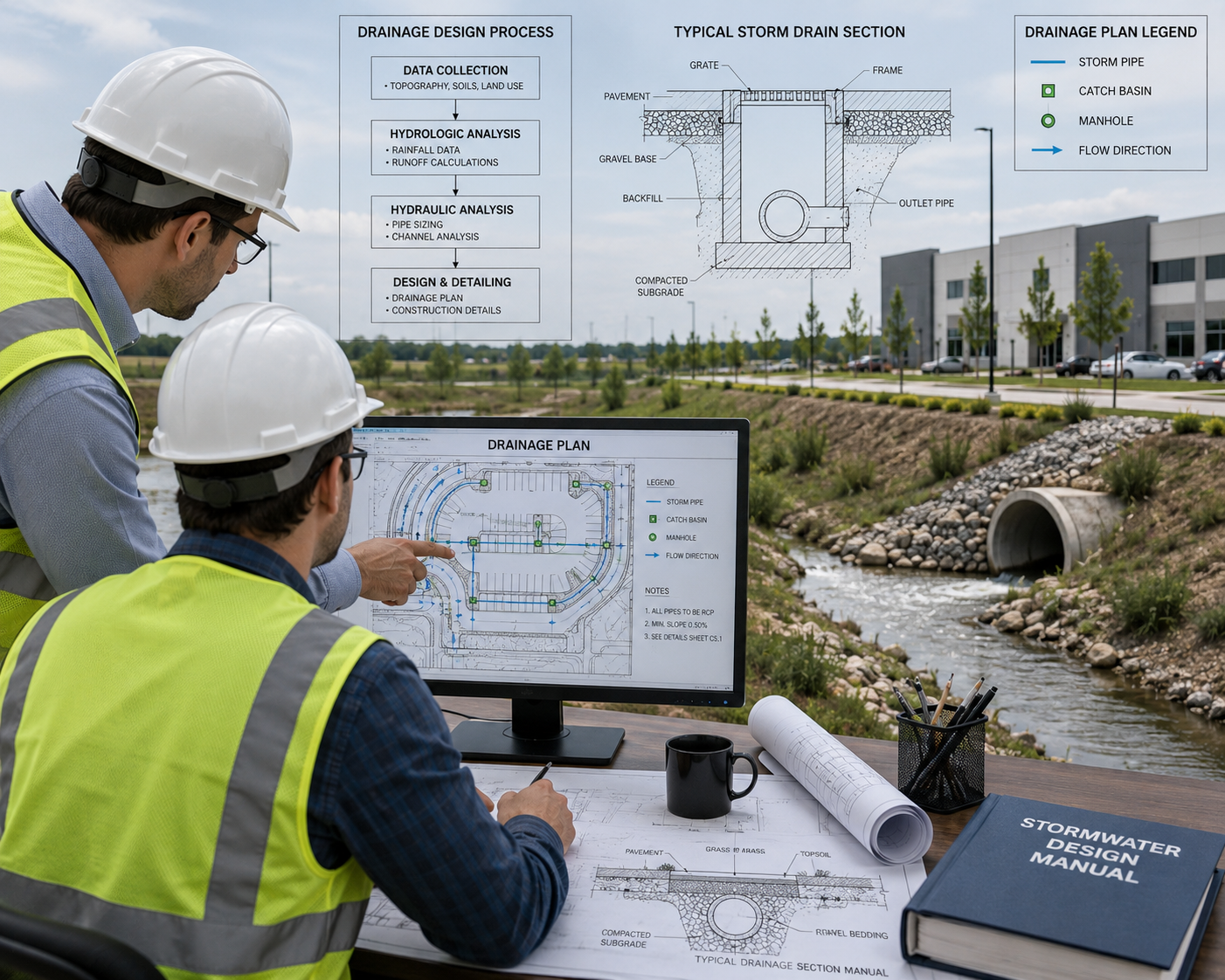 Two engineers in safety vests and hard hats review drainage plans on a computer and blueprints at an outdoor construction site next to a small creek with a concrete drainage pipe. The background includes a parking lot and modern business buildings.