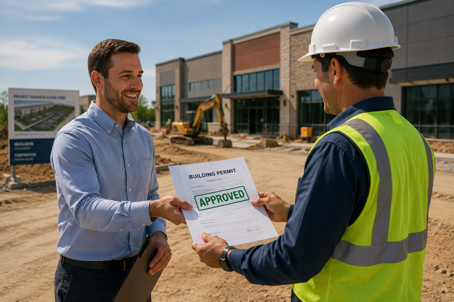 A man in a blue shirt and a construction worker in a neon safety vest exchange a building permit with an approval stamp at a construction site with a building under construction and what appears to be an excavator in the background.