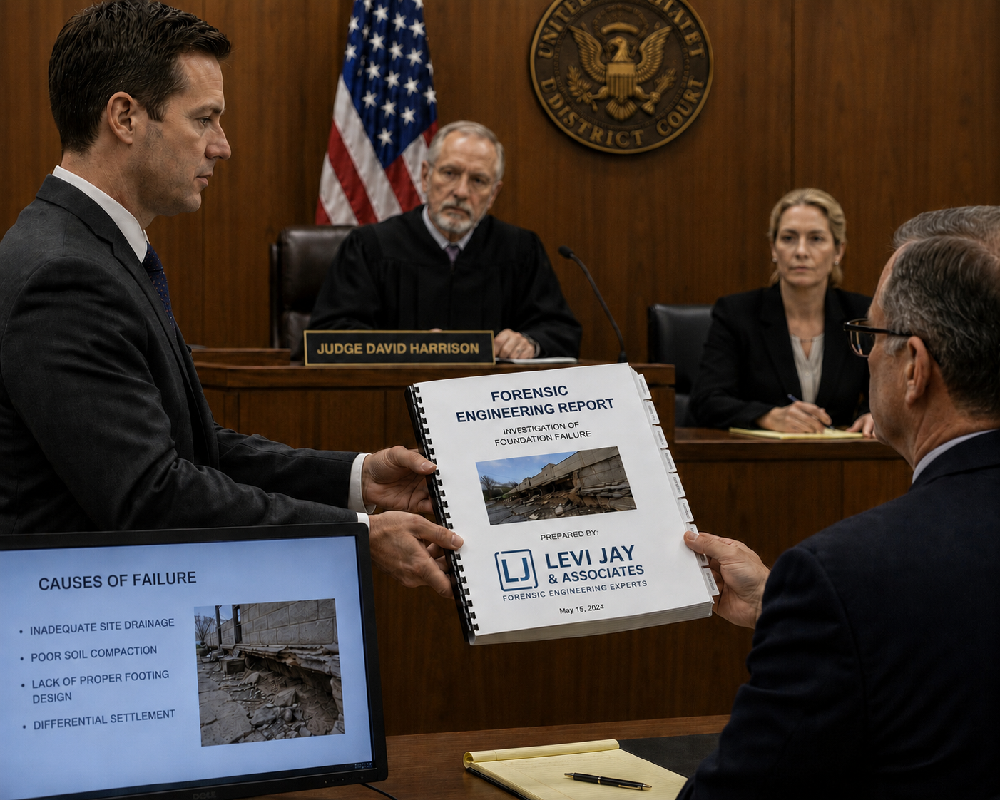 Courtroom scene with a man holding a forensic engineering report titled "Investigation of Foundation Failure." Judge David Harrison sits in the background, with a flag and a court emblem on the wall behind him. A woman and a man sit at the table.