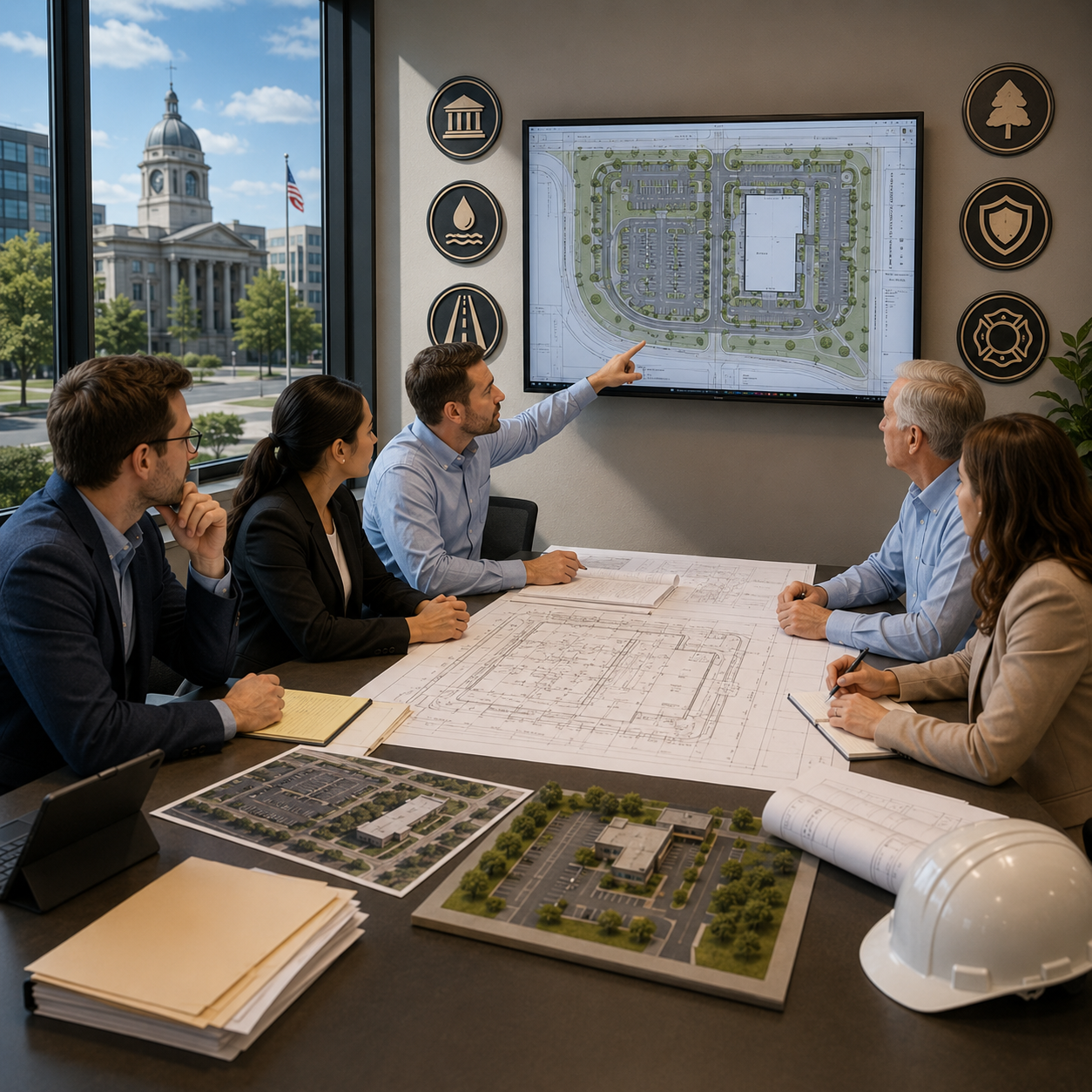 A group of professionals in a meeting room discussing a site plan for a new development project, with blueprints, a scale model, and a digital map on the large screen.