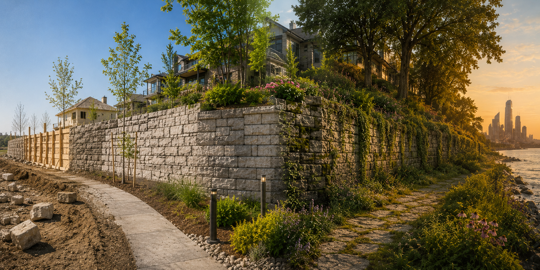 Residential houses on a hill with trees, a stone retaining wall, a garden, and a waterfront path during sunset in a city skyline background.