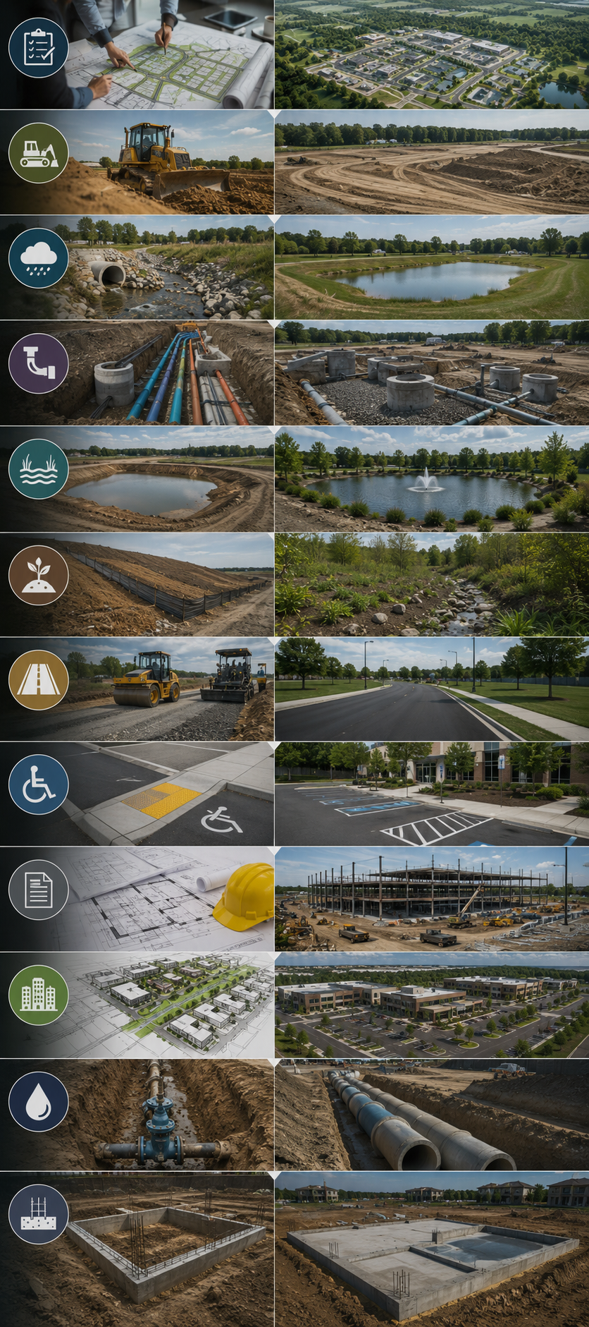 A collage of images depicting urban planning, construction, and infrastructure development, including city planning maps, construction equipment, water management, sewage systems, landscaping, road paving, accessible parking, building construction, and foundation laying.