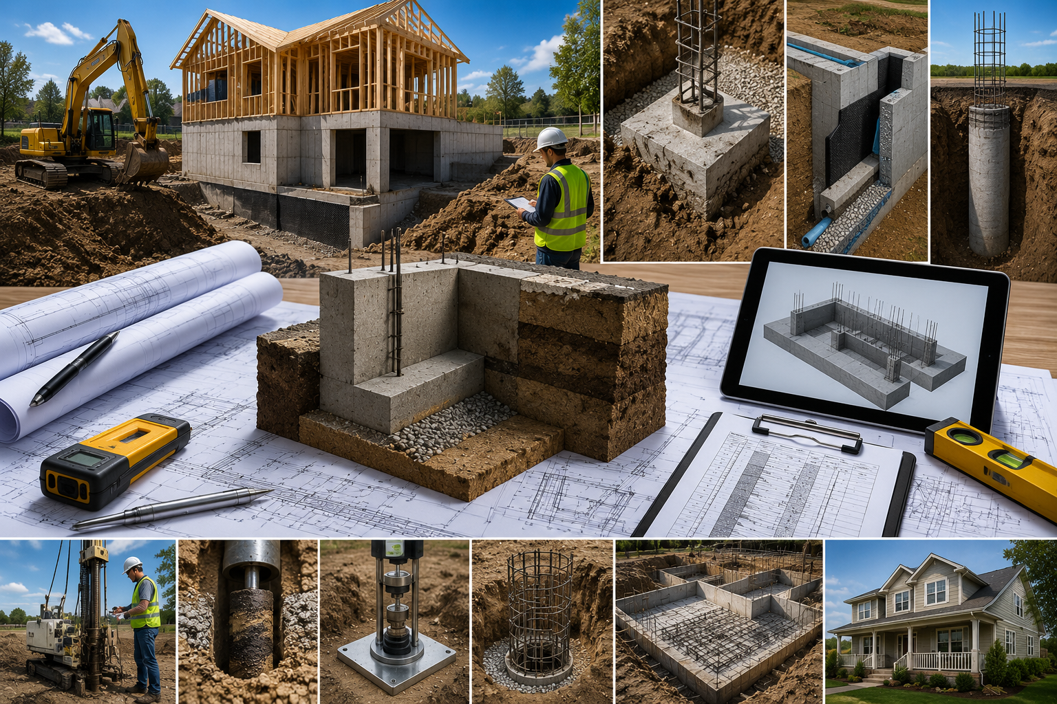 Construction site for a house with a wooden frame, excavator, and foundation work. Close-up of concrete and rebar for foundation, foundation wall section, and underground footing with rebar cage. Engineers planning with blueprints, digital models, and leveling tools. Final image of completed house with porch.