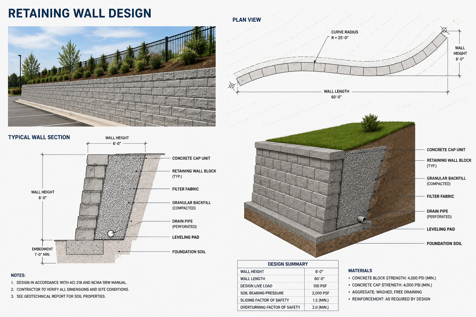 Diagram and photo of a retaining wall design, showing plan view, typical cross section, and 3D view with labeled components including concrete cap unit, retaining wall block, granular backfill, filter fabric, drain pipe, leveling pad, and foundation soil.