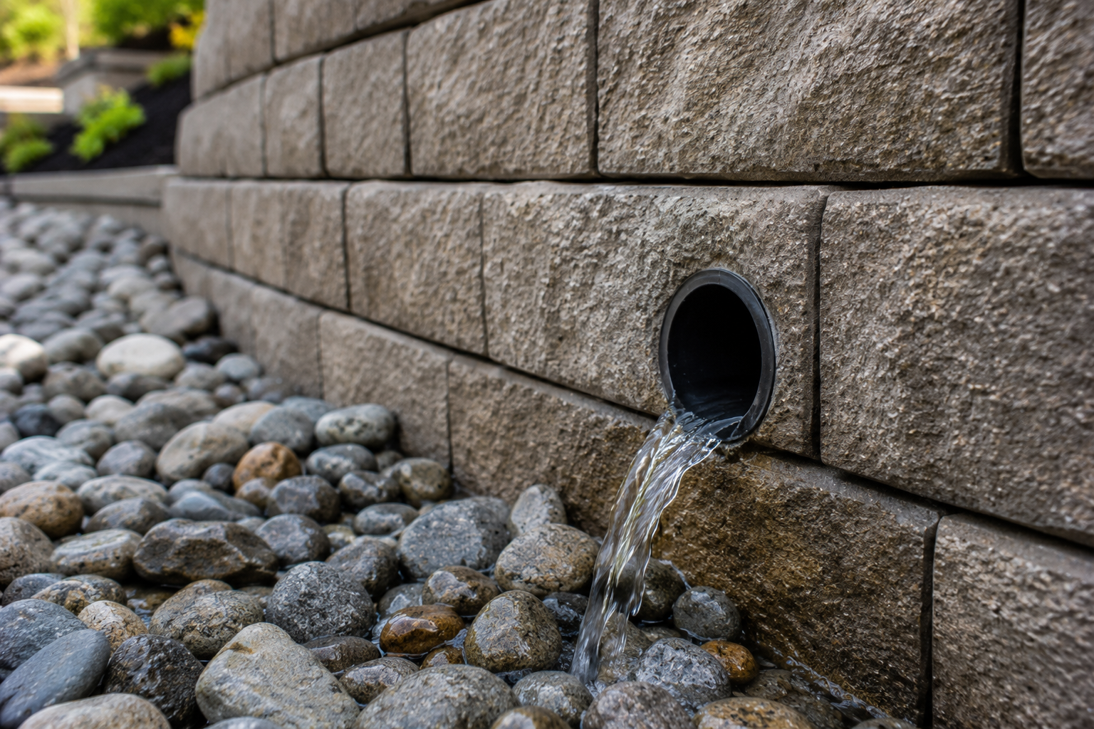 A black drain pipe on a brick wall releasing water into a bed of multicolored rocks.