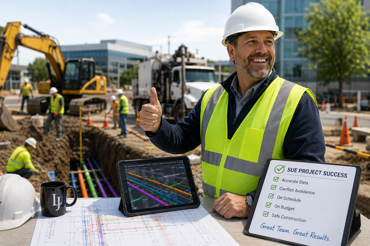 Construction supervisor smiling and giving a thumbs-up on site with construction equipment, workers, and a tablet showing a 3D model in the background.
