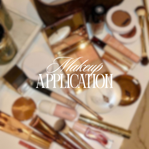 Makeup products including brushes, sponges, and various cosmetic containers arranged on a makeup table with the text "Makeup Application" overlaid.