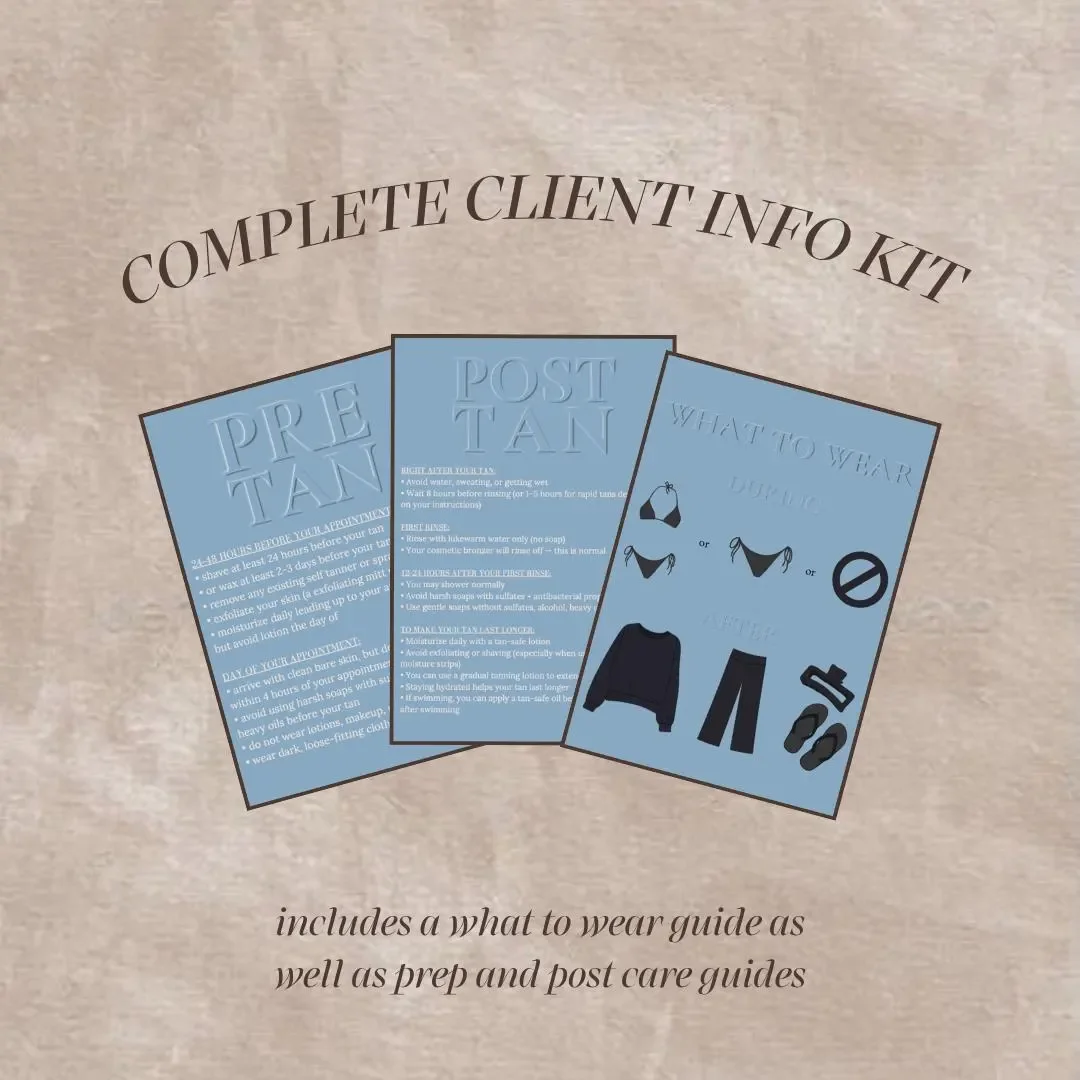 Spray Tan Client Care Kit | Pre-Tan, Post-Tan, What to Wear Guides Blue