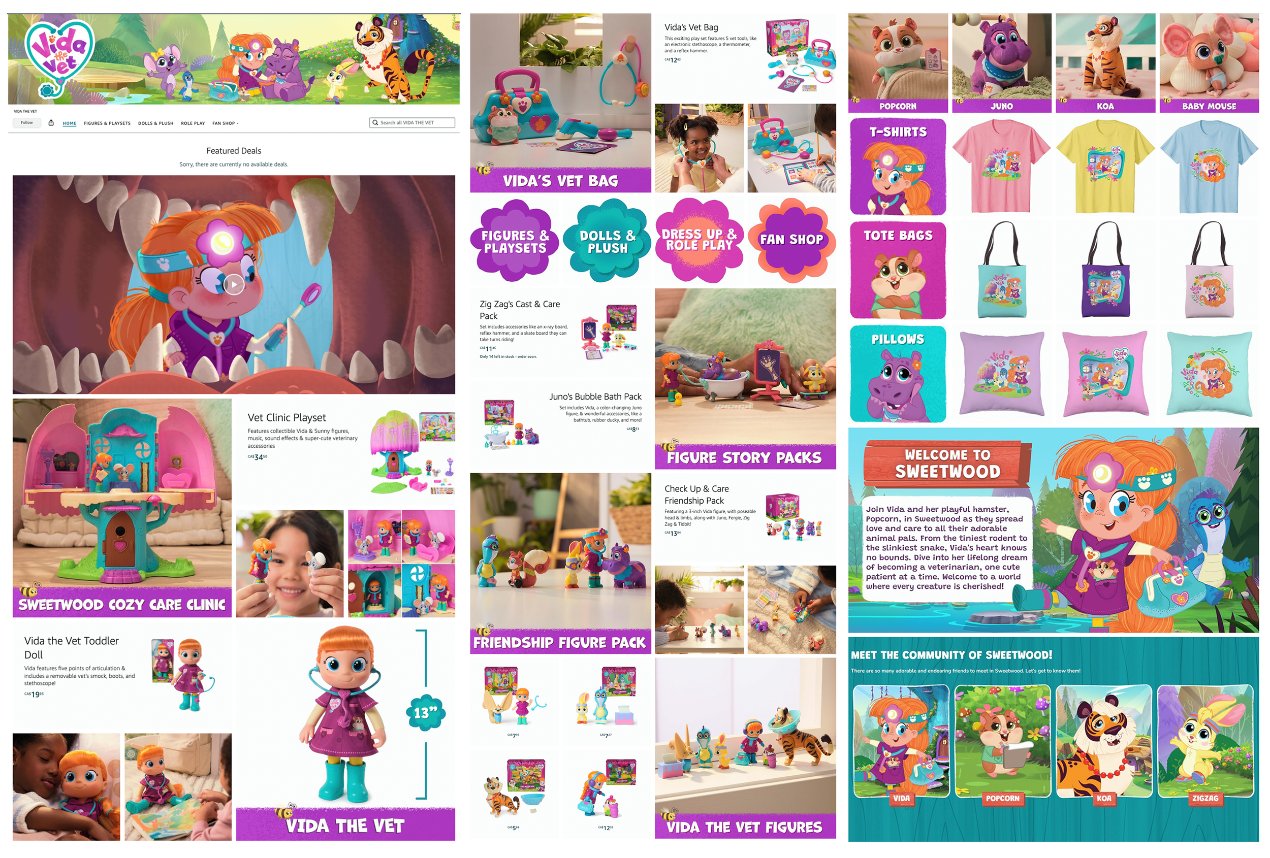 Collage of Vida the Vet toys and merchandise, including figures, plush, T-shirts, tote bags, and playsets, with children playing and imaginative scenes from the Vida the Vet universe.
