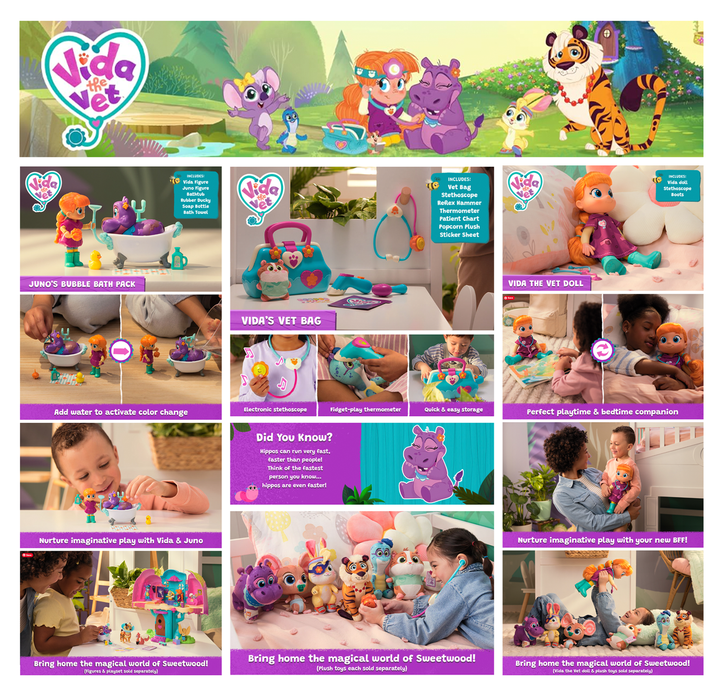 Collage of children's toys and play areas from Vida the Vet, featuring a large colorful banner with cartoon animals, children playing with toys, a vet playset, and various stuffed animals and accessories with descriptions of their features.