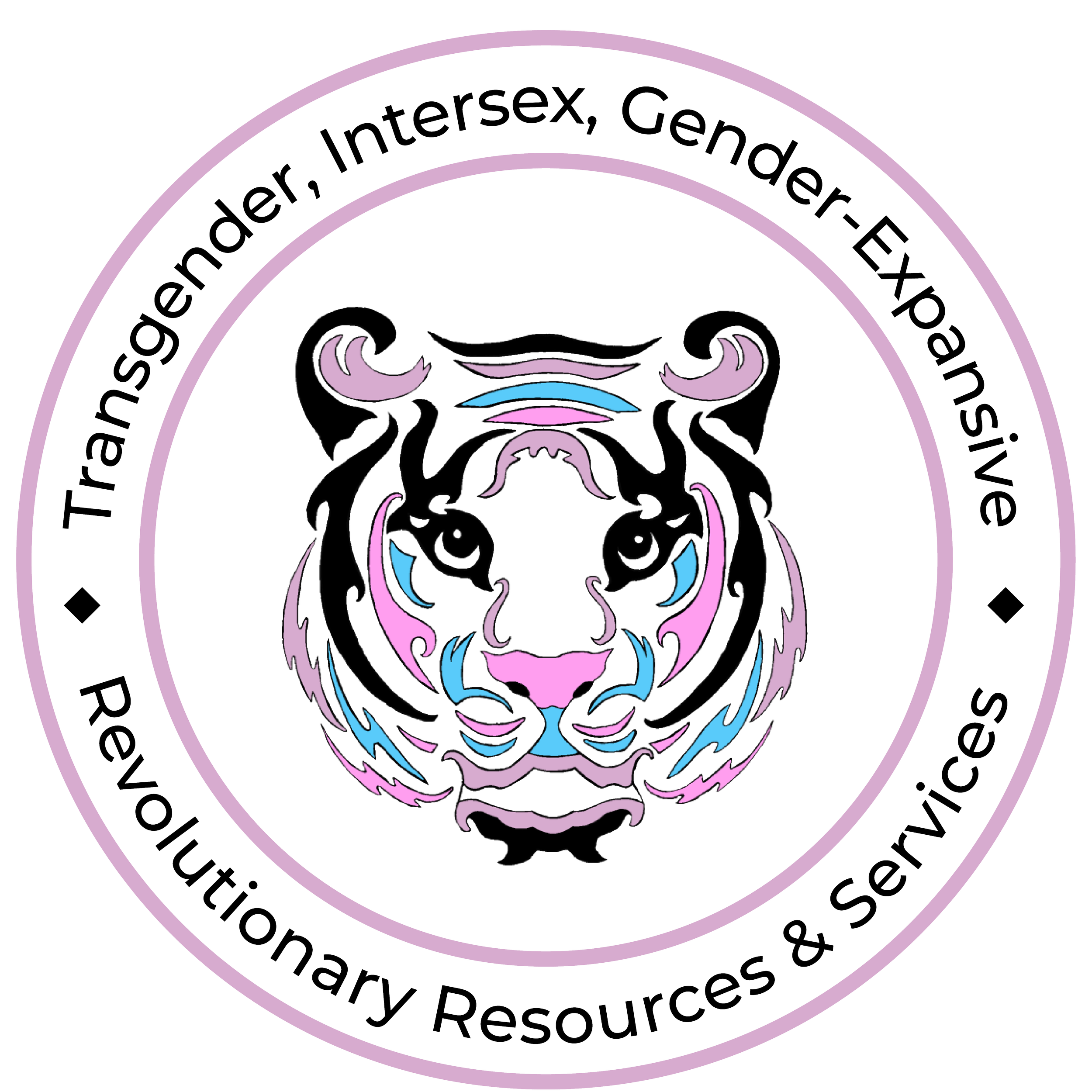 A circle with a black, pink, and blue tiger inside. Around the tiger it says "Transgender, Intersex, and Gender-Expansive Revolutionary Resources and Services"