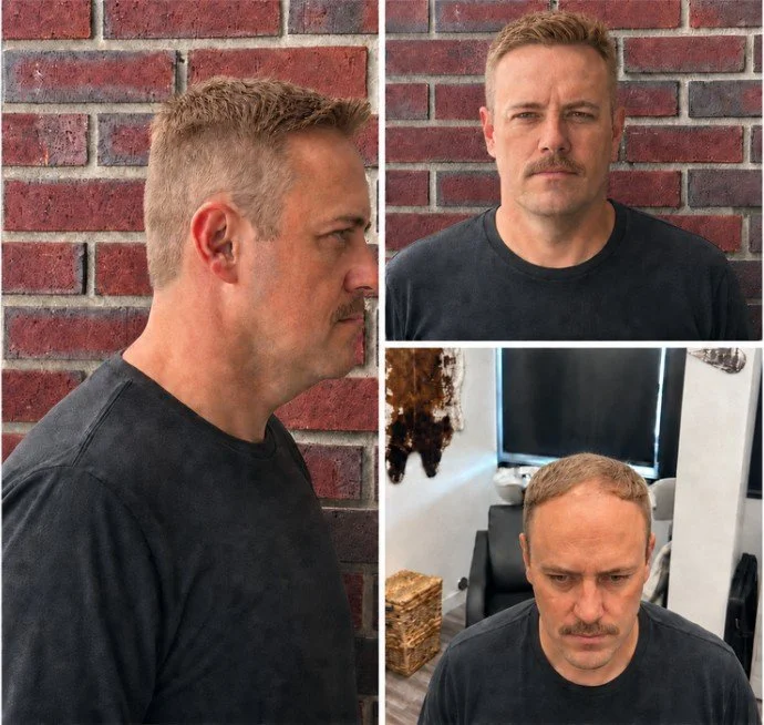 Multiple angles showing a men's hair replacement result, including the hairline, side profile, and overall blend.
