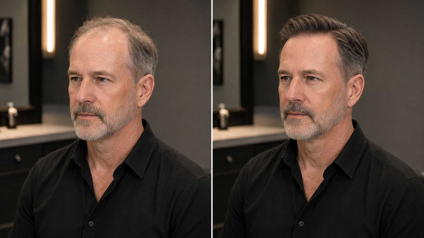 Side profile of blended men’s hair replacement result
