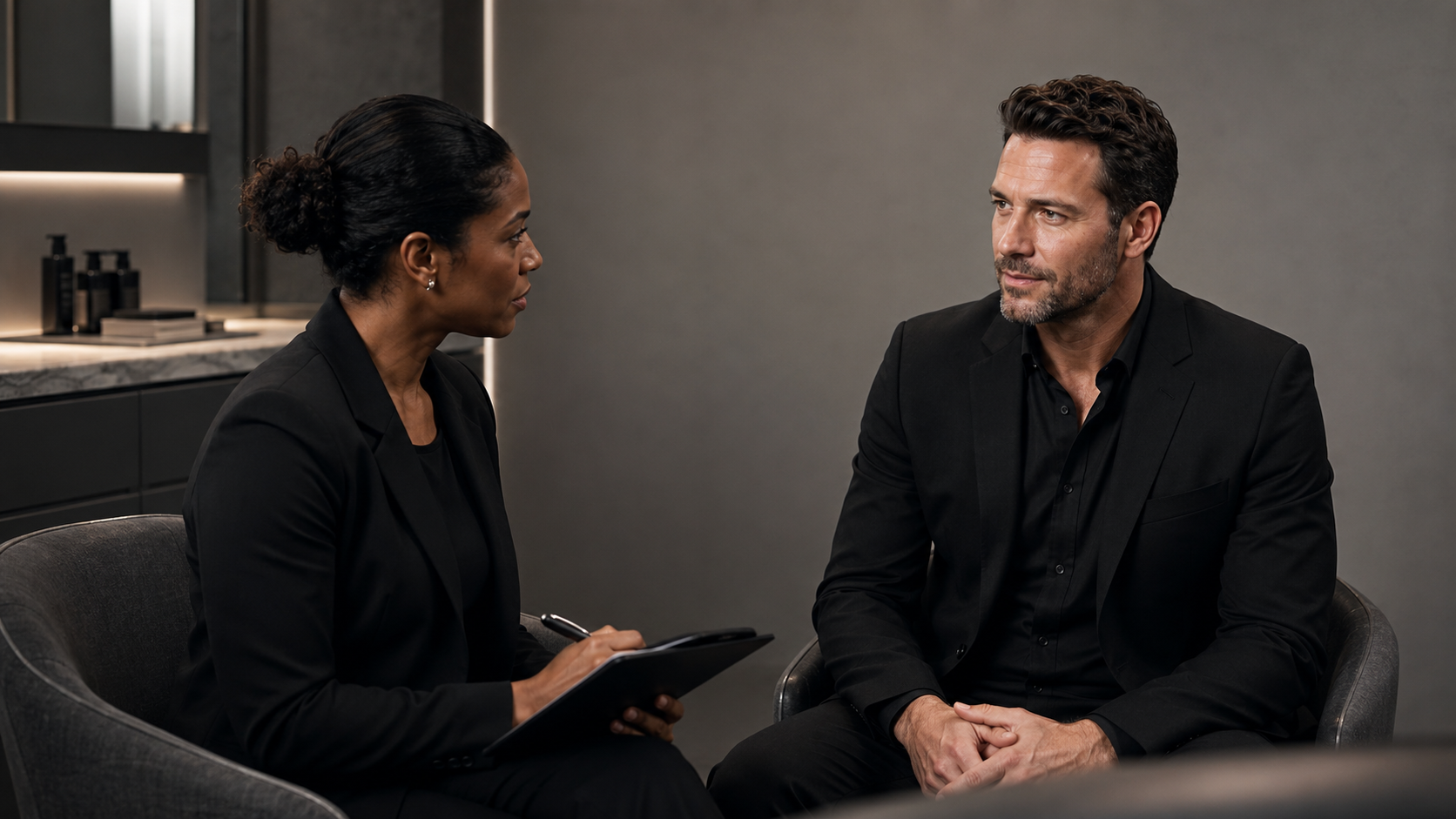One-on-one men’s hair loss consultation in studio