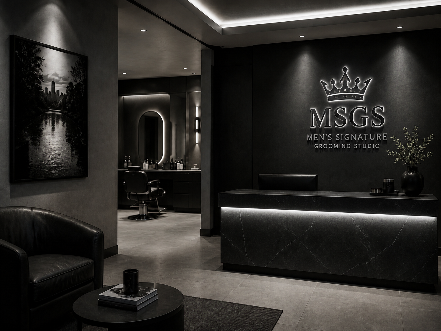 Private men’s grooming studio contact and location image