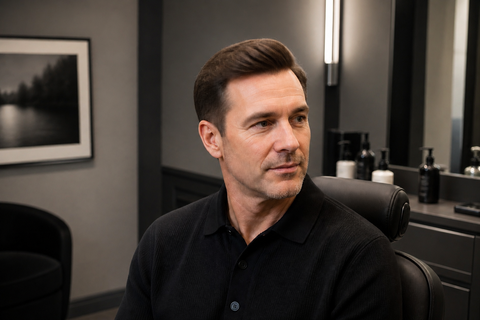 Finished natural-looking men’s hair replacement result